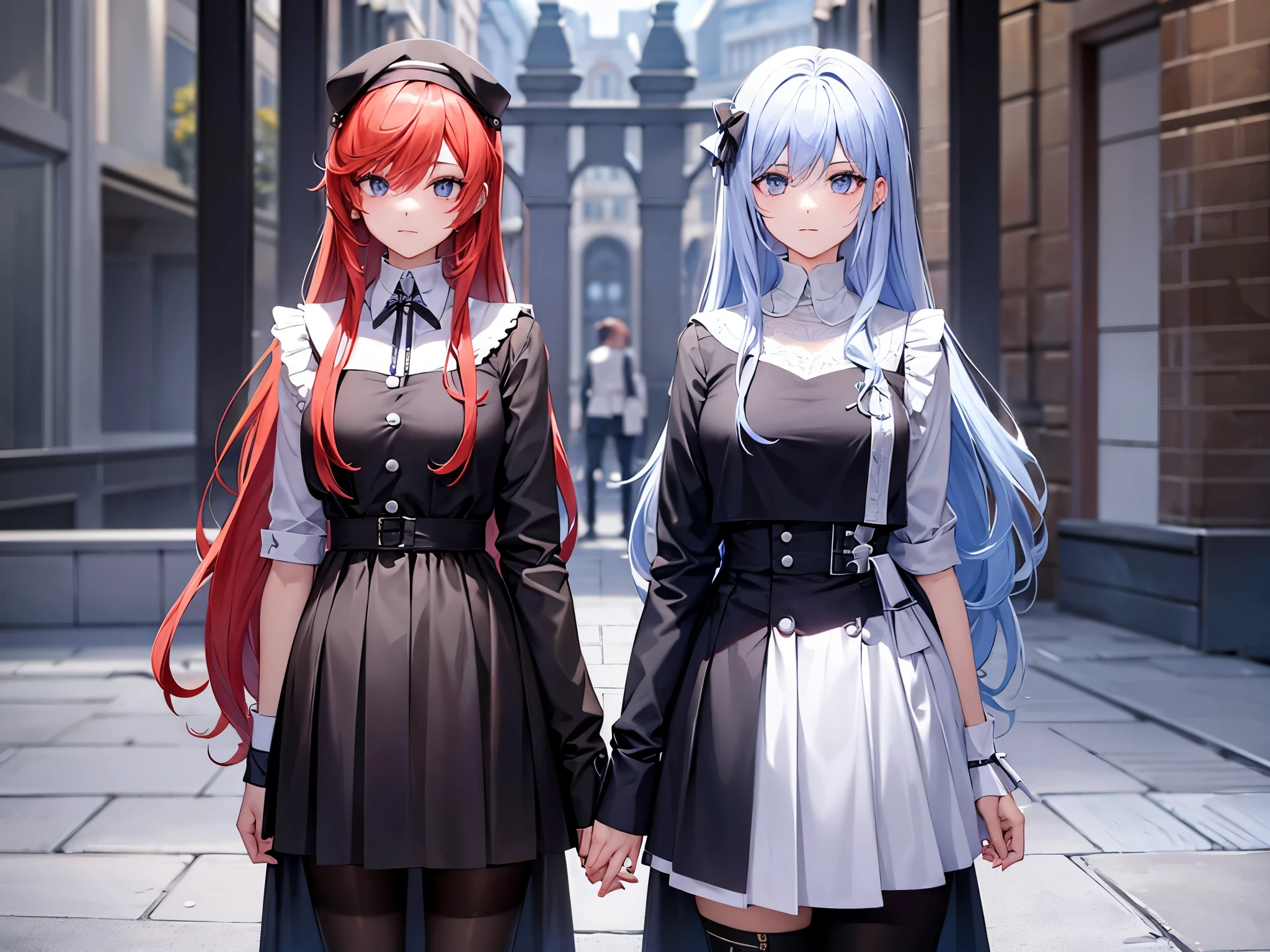 female twins, masterpiece, different hair styles, different hair colors, different eye colors, different outfits, stand side by side,