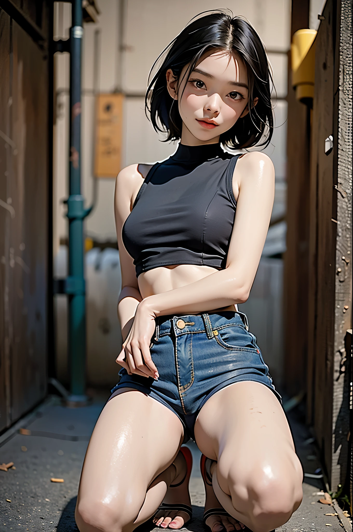 a short 13 year old asian girl on her knees in a dark alley begging for food, hungry, no breast, shot from behind, short hair, body postion: on knees looking at viewer, tight clothes, crop top, short shorts, detailed skin, 4k, ((masterpiece)), cute, sweaty skin, dirty skin