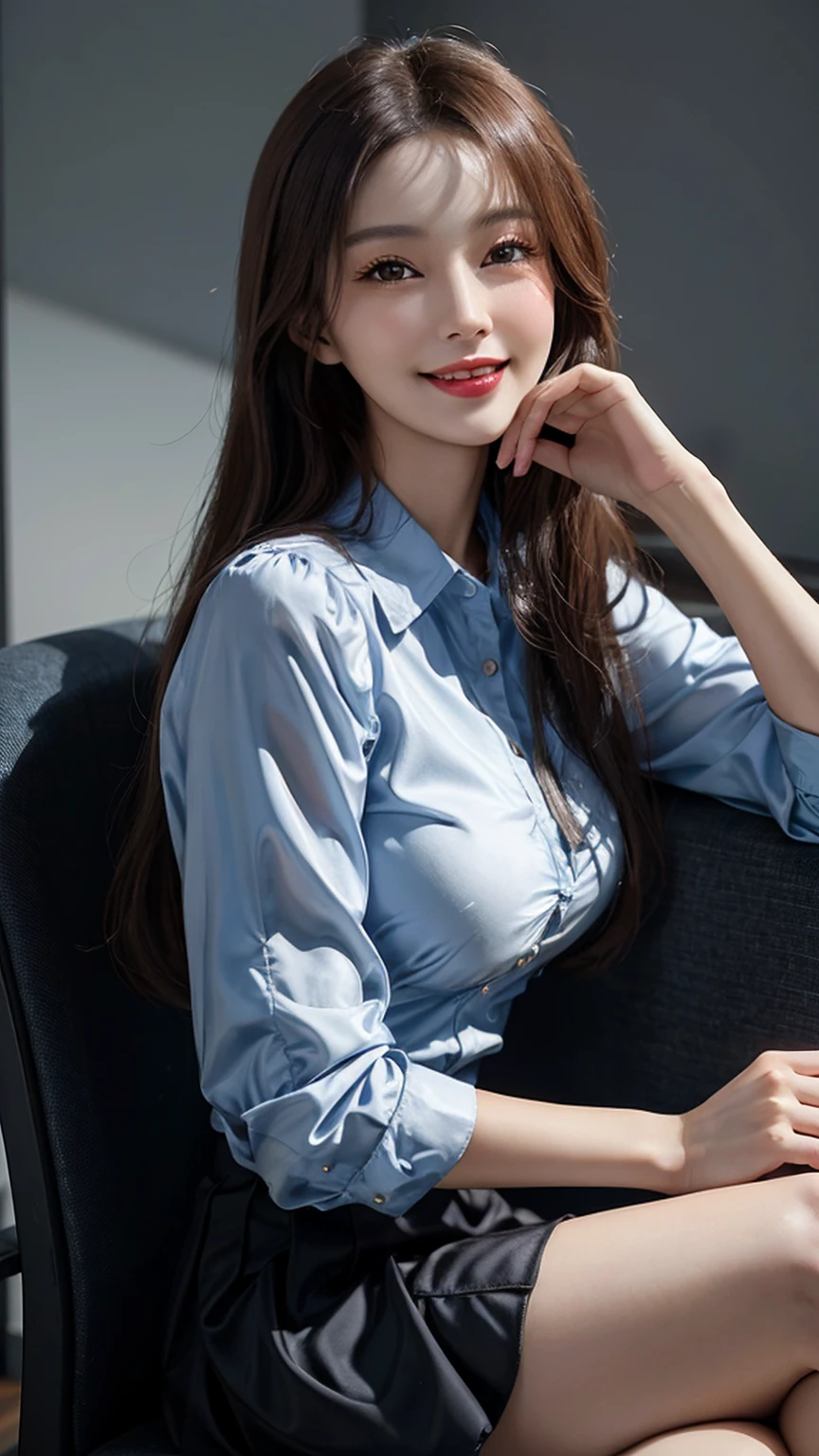 Chinese woman, beautiful face,  masterpiece, HD, photorealistic, smiling, seductive, office wear, wearing office clothes,  silk button blouse, pleated silk skirt,  sfw, formal, physics based rendering,