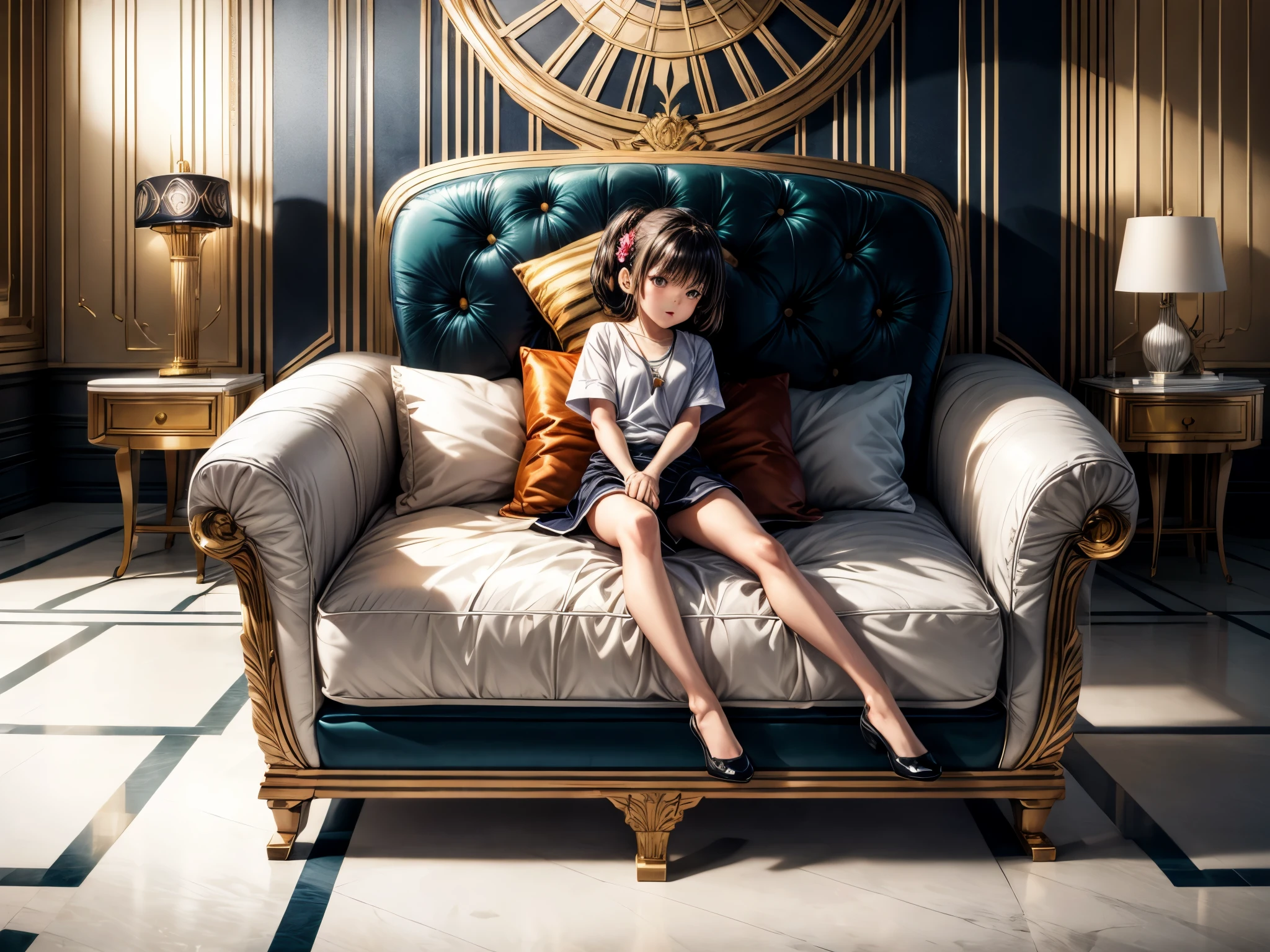 A **** girl sitting in an art deco room, (best quality, highres, ultra-detailed), (realistic),