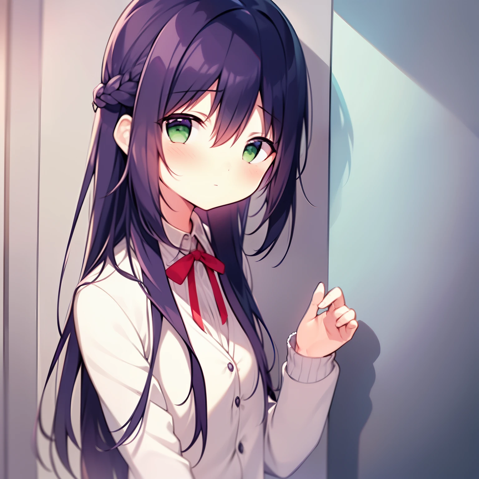 master piece,Best quality in best,1 girl,solo,lookingin_in_peeping in the viewer,by bangs,mono color,Upper body,closed_mouth,purple_background,red colored hair,green eyes,the only person,have a guitar,pinned down、braid ribbon in hair