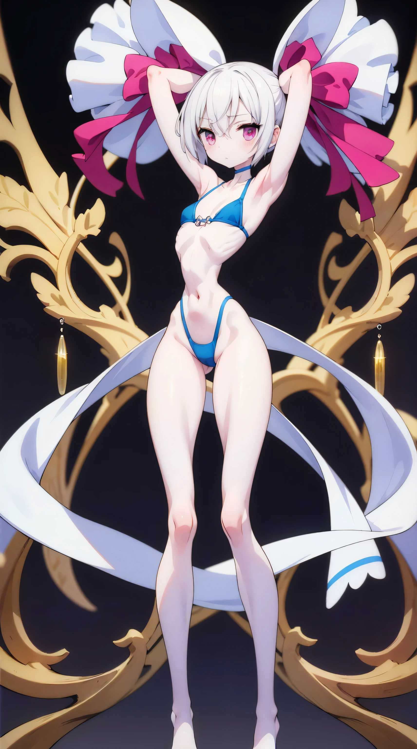 School swim wear,(best quality:1.2),(Super detailed:1.2),(surreal:1.2),(masterpiece:1.2), glowing skin,(Extremely thin:1.4),(The legs are extremely thin and thin:1.3),highest quality,ultra high definition,White knee socks,(extremely thin:1.2),bikini,Medium and close range,(Body is extremely skinny:1.2),(extremely slim:1.4),the only person,Clear bones and contours,sharp focus,raise arms,Very exaggerated waist-to-hip ratio