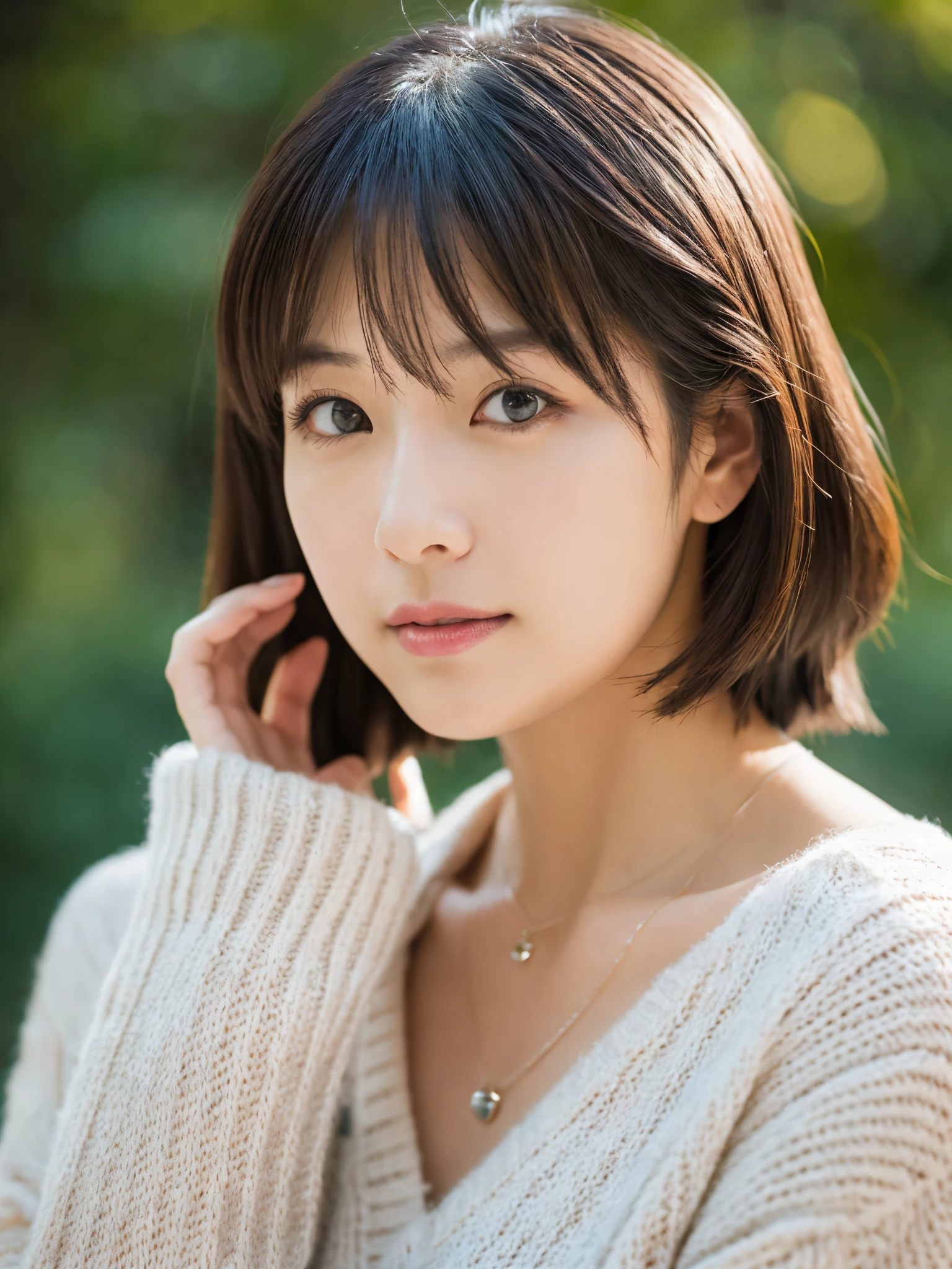 ((masutepiece,top-quality)), (photographrealistic:1.4),((masutepiece,8K))、white wall、(white room)、((full body photo))、shot in natural light、Highly detailed face and skin texture、highly detailed lips、correct state of the human body、Super high resolution、(Photoreal:1.4)、top quality, 1 beautiful woman, 38 years old, s, 150mm lens、Light yellow Knit、(Dark brown medium hair)、Japanese woman、(dark brown hair)、Versatile poses、looking at the camera、natural color lip、Winter clothes、 necklace、屋内