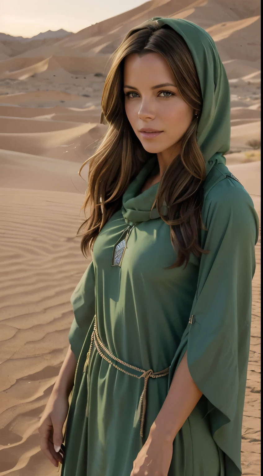Facial Features:

Eyes: Large, expressive eyes with a striking shade of green.
Skin Tone: Smooth, fair skin with a slight warm undertone.
Hair: Long, flowing green hair with a few strands falling over her face. The hair should appear silky and voluminous, cascading down her back.
Expression: A calm and serene expression, with a hint of melancholy and wisdom.
Body:

Build: Athletic and lean, reflecting her combat prowess. She should have a toned physique with defined muscles, but not overly bulky.
Height: Tall, giving her a commanding presence.
Outfit:

Top: A form-fitting white Arrancar jacket, which is slightly torn at the edges, indicating past battles.
Bottom: White hakama-like pants, flowing and slightly billowing to show movement.
Footwear: White boots that match her outfit, practical for combat.
Accessories:

Hollow Mask Fragment: A prominent feature on her head, resembling the skull of a goat with horns, positioned like a helmet.
Scar: A visible scar running diagonally across her torso, a testament to her battles and resilience.
Setting:

Background: A barren desert landscape with a dark, foreboding sky. The desert should have an ethereal quality, with sands that shimmer faintly. This setting is reflective of Hueco Mundo, the realm of the Hollows.
Mood and Atmosphere:

Lighting: Soft, diffused lighting that casts gentle shadows. The light should have a slightly eerie, otherworldly quality, perhaps with a faint greenish hue.
Emotion: The overall mood should be a mix of solemnity and strength. Nelliel should appear as a figure of grace and power, standing resilient in the harsh environment.
Additional Details:

Wind Effect: Slight wind blowing through the scene, causing her hair and clothes to sway gently, adding a sense of motion and life to the image.
Textures: Emphasize realistic textures in her clothing, hair, and the surrounding desert landscape. Her outfit should look worn and battle-scarred, her hair silky, and the sand coarse.
