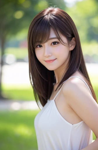 In 8K,highest quality:1.4, Super high resolution:1.5, (realistic:1.4),masterpiece:1.2,(highest quality:1.4)、 RAW photo、 (background is blurry), 1 japanese girl, cute, (alone:1.4), (shy smile), smooth skin、 (brown medium hair,bangs),Nogizaka,supple fingertips,beautiful black eyes、dual、natural skin texture:1.3, Realistic eye and face details:1.7、medium breasts、daytime、tight buttocks:1.5、look at the viewer,The photographer is3mput off, Upper body:1.8,(fine hair:1.1), (fine eyes:1.1)、cute、dating scene、dating men、I'm female、date clothes、cute clothes、skin that looks real、lifelike face