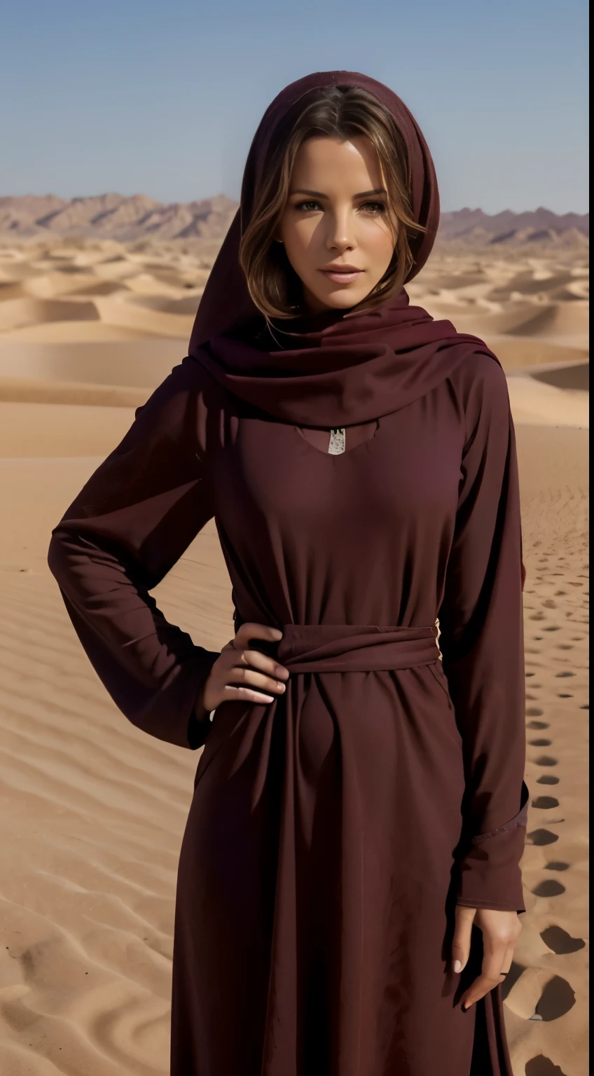 Foto hiperrealista en primer plano de Adriana Lima, Create dystopian masterpieces. in a full cover bedouin bedouin costume (gray long tunic) on the desert, beautiful woman, skinny, medium breasts, black short hair, detailed face, smile, facing the camera, photo taken from a distance, age of 18 years old