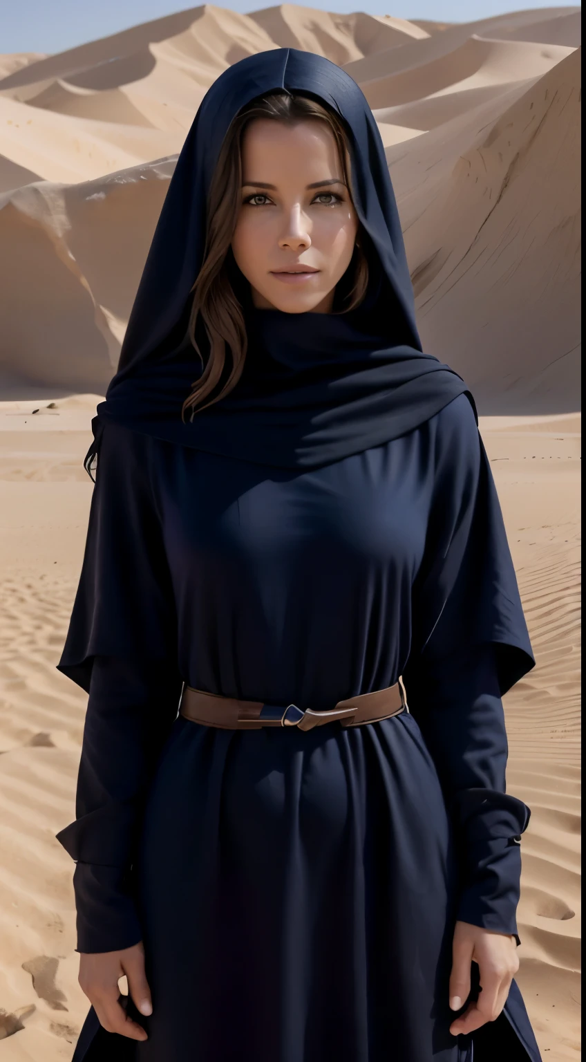 Foto hiperrealista en primer plano de Kate Beckinsale, Create dystopian masterpieces. in a full cover bedouin bedouin costume (navy long tunic) on the desert, beautiful woman, skinny, small breasts, straight brown hair, detailed face, smile, photo taken from a distance, age 20 tears old