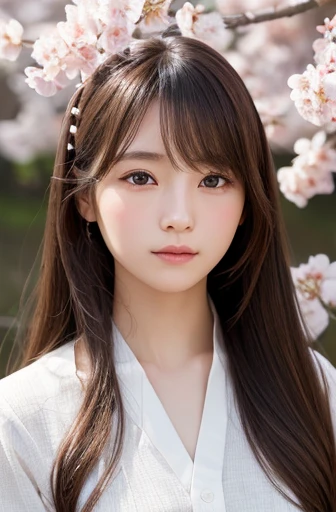 highest quality, soft light, ultra high resolution, (realistic:1.4), RAW photo, 1 japanese girl, alone, cute, (pupil, light in the eyes), detailed beautiful face, (small box),(High resolution details of human skin texture), (long hair), outdoor, Damask Shirt Dress, (portrait),cherry blossoms
