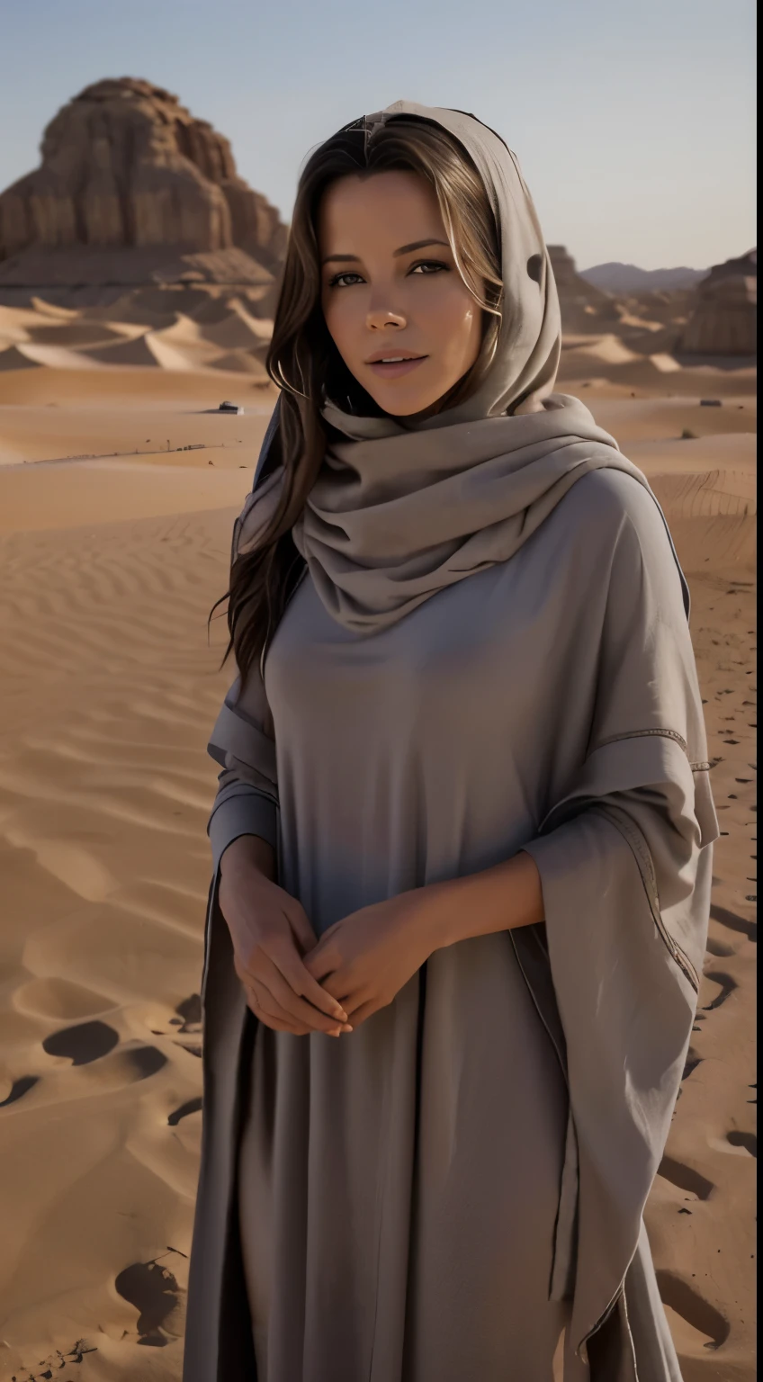 Foto hiperrealista en primer plano de Kate Beckinsale, Create dystopian masterpieces. in a full cover bedouin bedouin costume (grey long tunic) on the desert, beautiful woman, skinny, small breasts, straight brown hair, detailed face, smile, photo taken from a distance, age 20 tears old