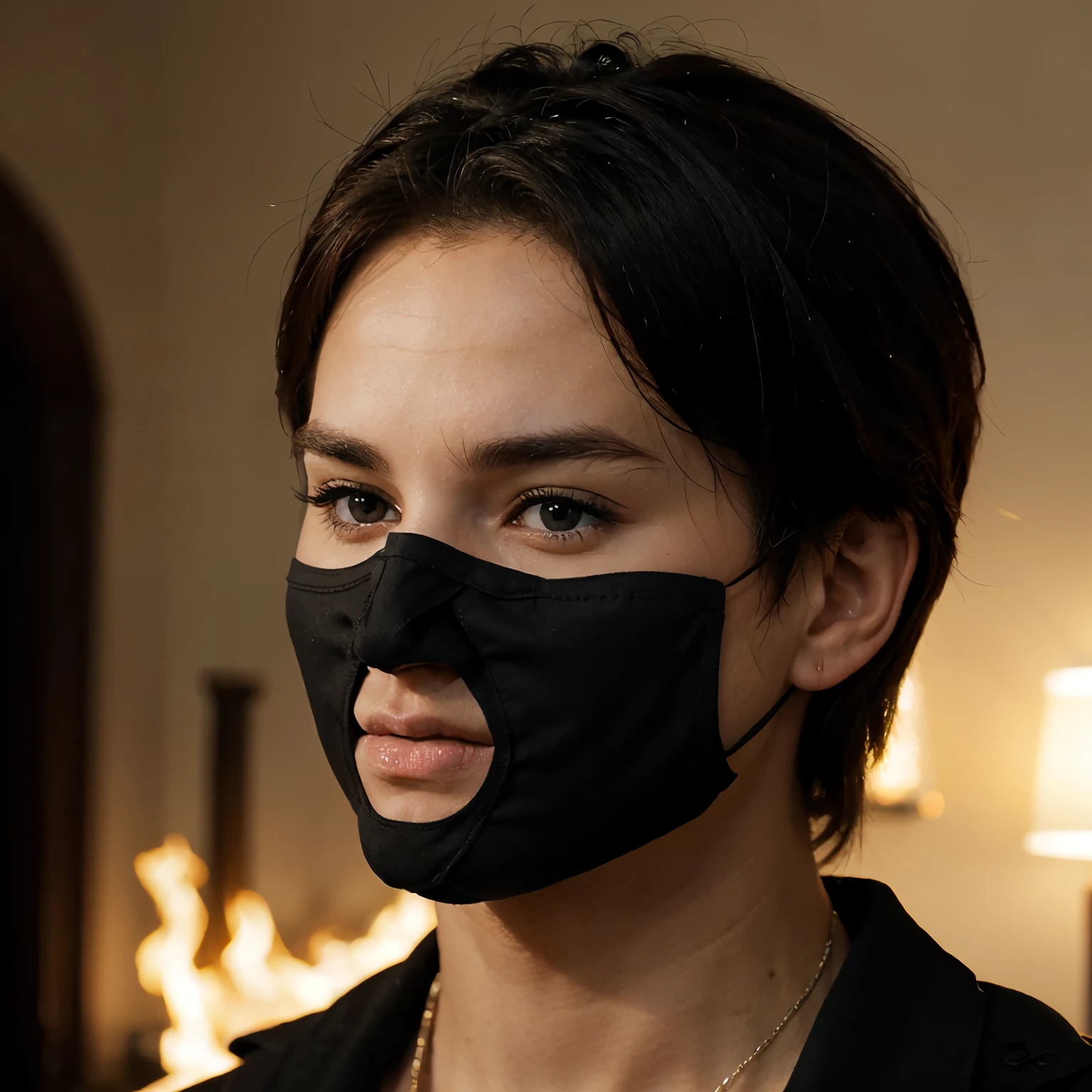 Isabel May, (bdsm, bondage muzzled, drool dripping) cleavage, sexy bra, 8k, realistic, hands tied behind back, drool on chest, close up head and chest, pleading eyes, drooling, wet, muzzle, 