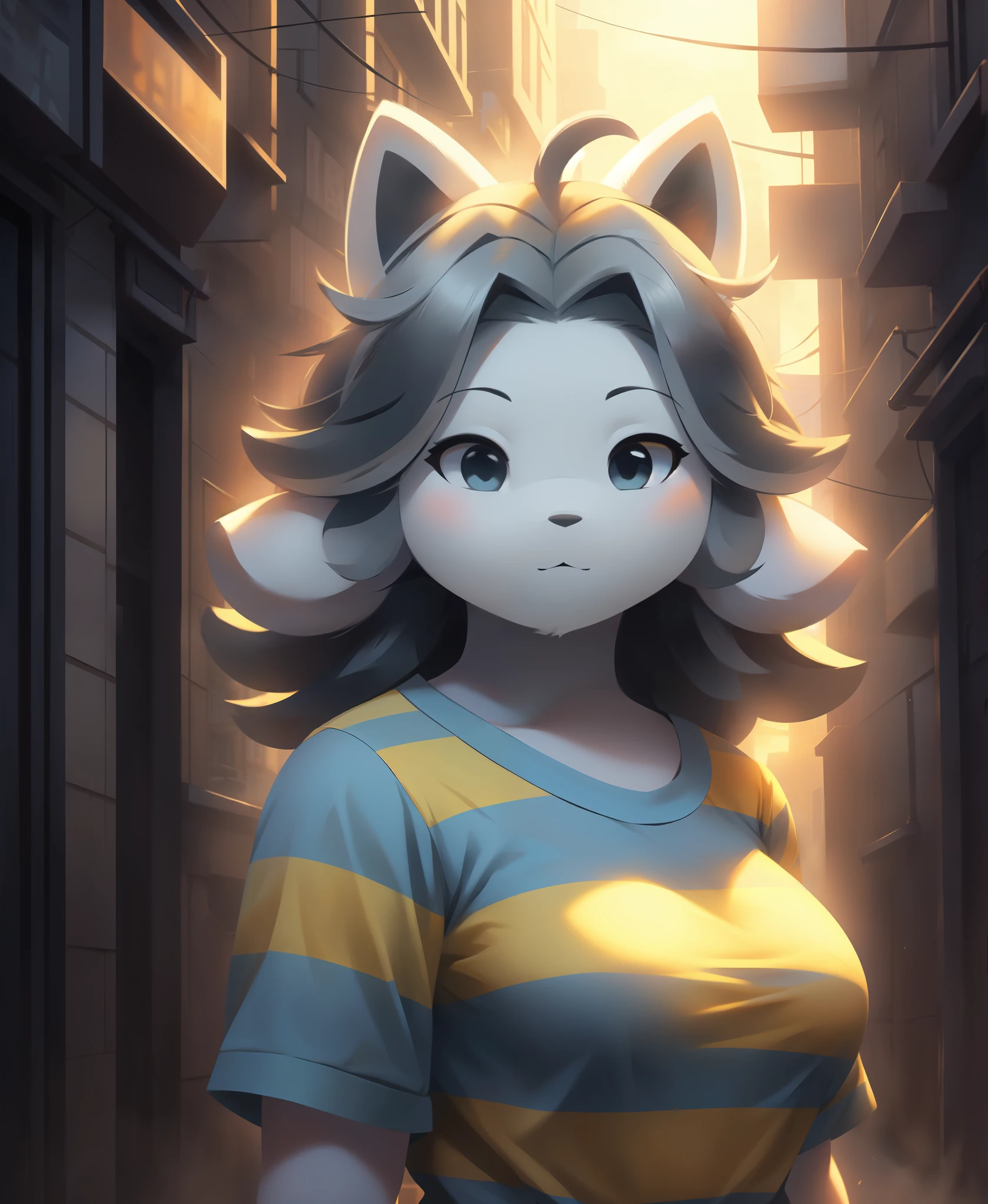 (temmie:1.2), anthro, gynomorph, (cat ears, temmie ears:1.1), (blue and yellow (striped shirt:1.3)), (face focus:1.2, upper body focus:1.1), grey hair, long hair, white fur, city, alleyway, fog, plants, sunrise, dramatic lighting, 