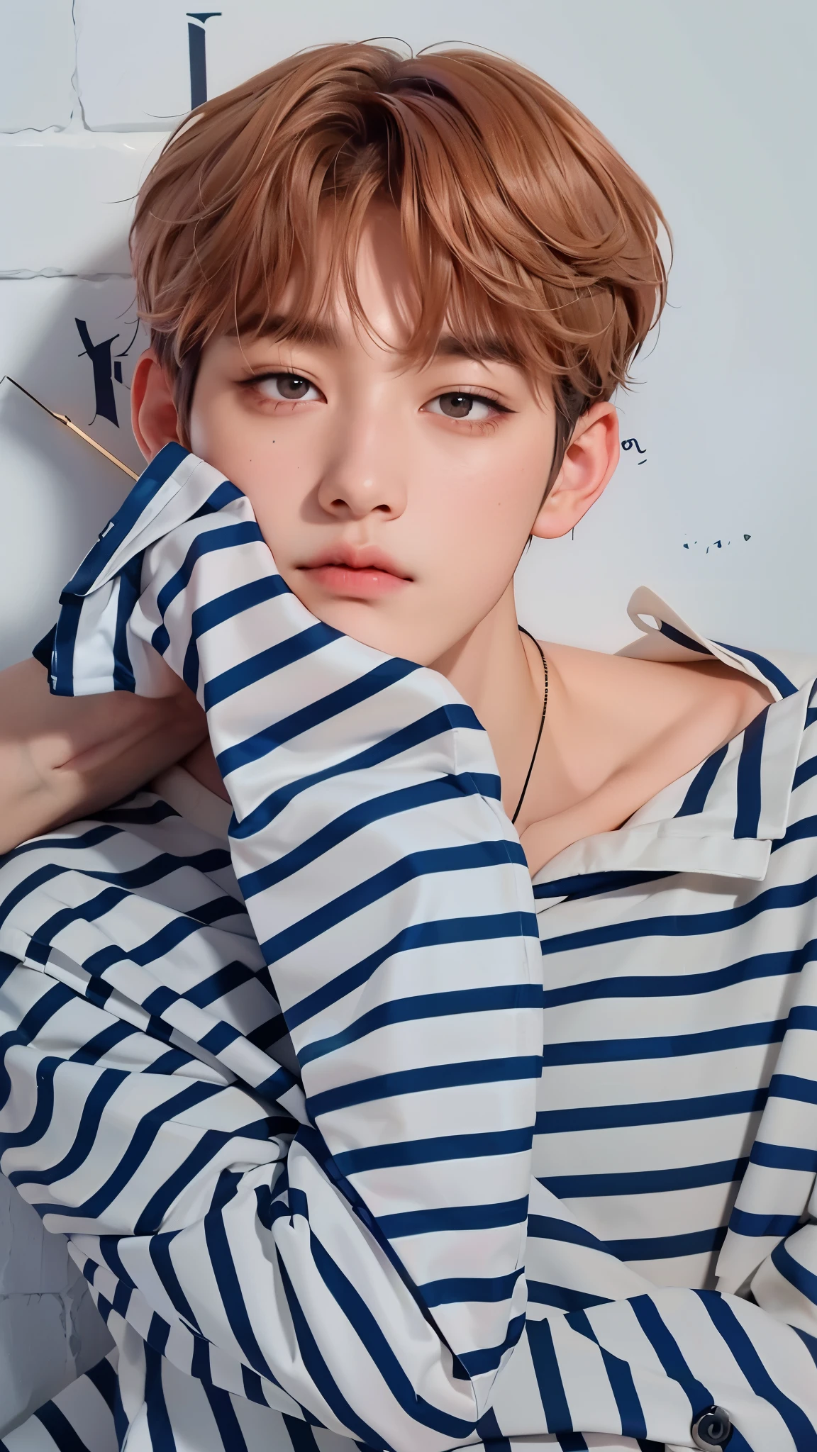 un joven con una camisa a rayas y un collar, jungkook, cai xukun, Jinyoung Shin, hyung tae, taehyung comiendo papas fritas gucci, kpop idol portrait, TaeJune Kim, Jinyoung Shin aesthetic, pale korean adorable face, inspirado en Kun Can, jia, inspirado en jeonseok lee, fotos oficiales, Shinji, inspirado en Bian Shoumin, diez lee, Photoshoot, kim taehyung de bts, kpop idol face, kpop boy idol, kpop idol boy face