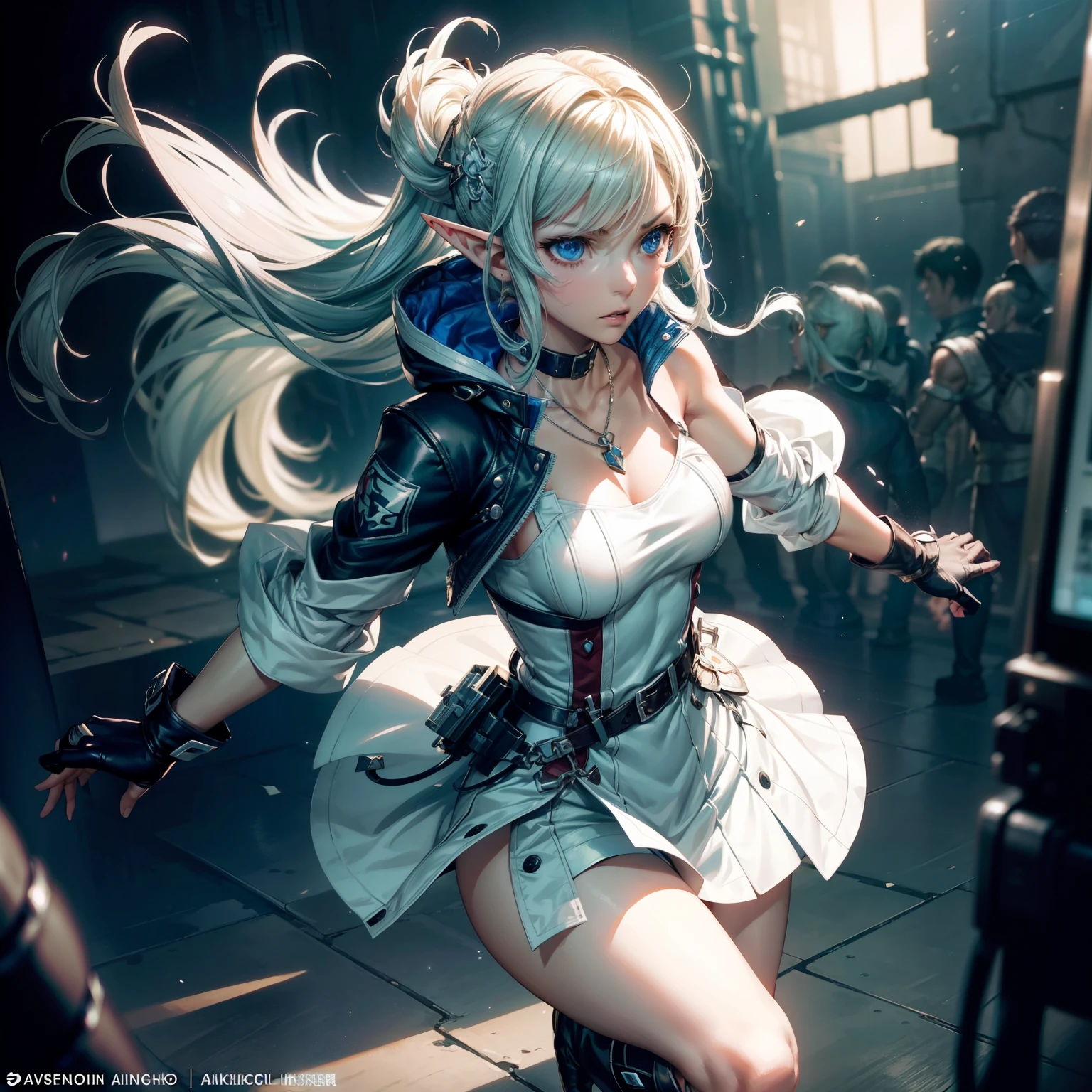 Elf girl wearing a top with small jacket (((in Akihiko Yoshida aesthetic style::1))), and one leg dress, short skirt & detailed, elegant cyberpunk tatical suit, leather gloves in action movement, sharp focus, cinematic illumination, (masterpiece), best quality, expressive eyes, perfect face, white dress, elbow gloves, necklace, boots, off-shoulder dress