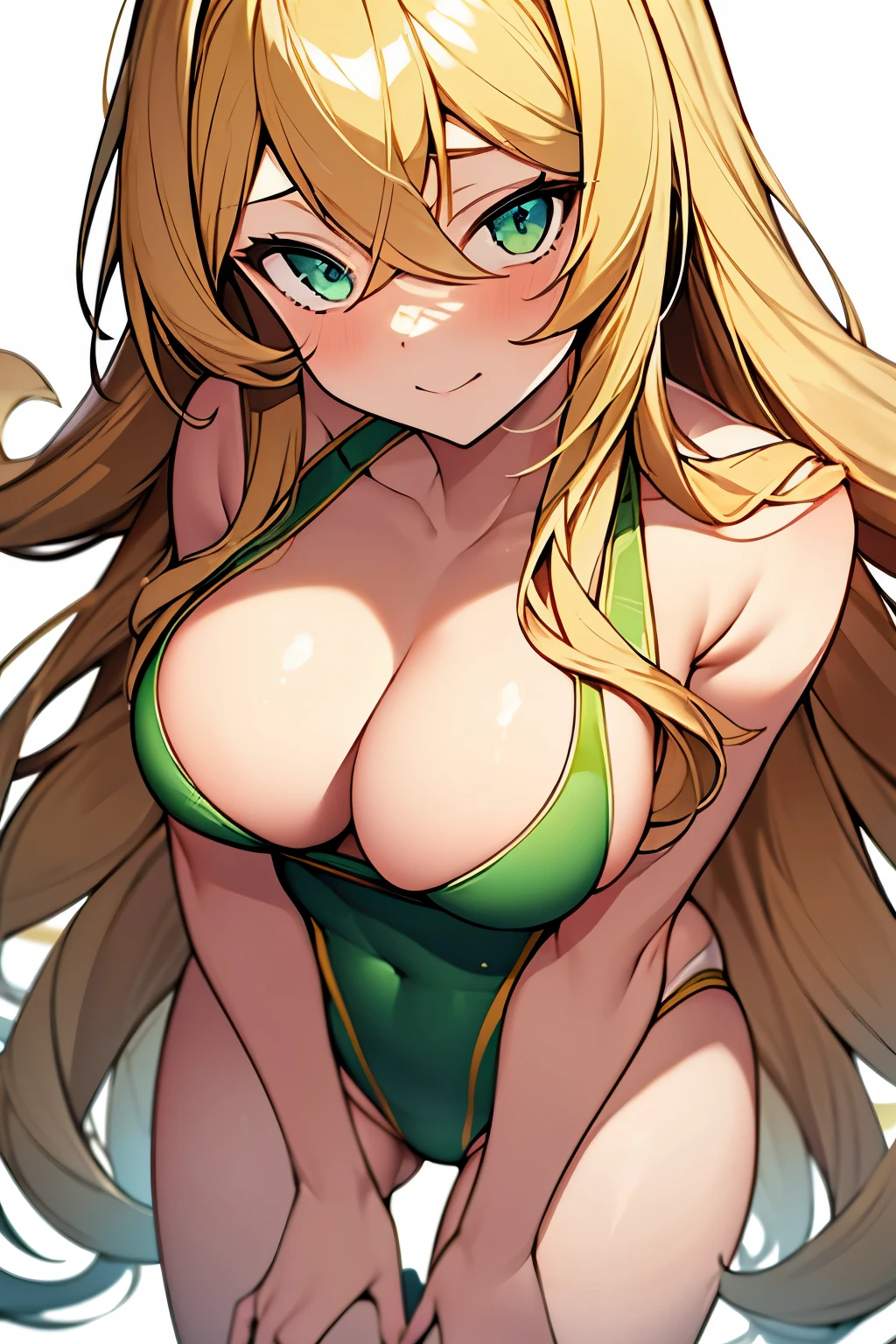 masterpiece,high resolution,best quality,1girl is blond long hair,blond hair,light green eyes,medium breasts,competition swimsuit,embarrassed,pigeon toed,simple background,4fingers and 1thumbs,looking up at viewer