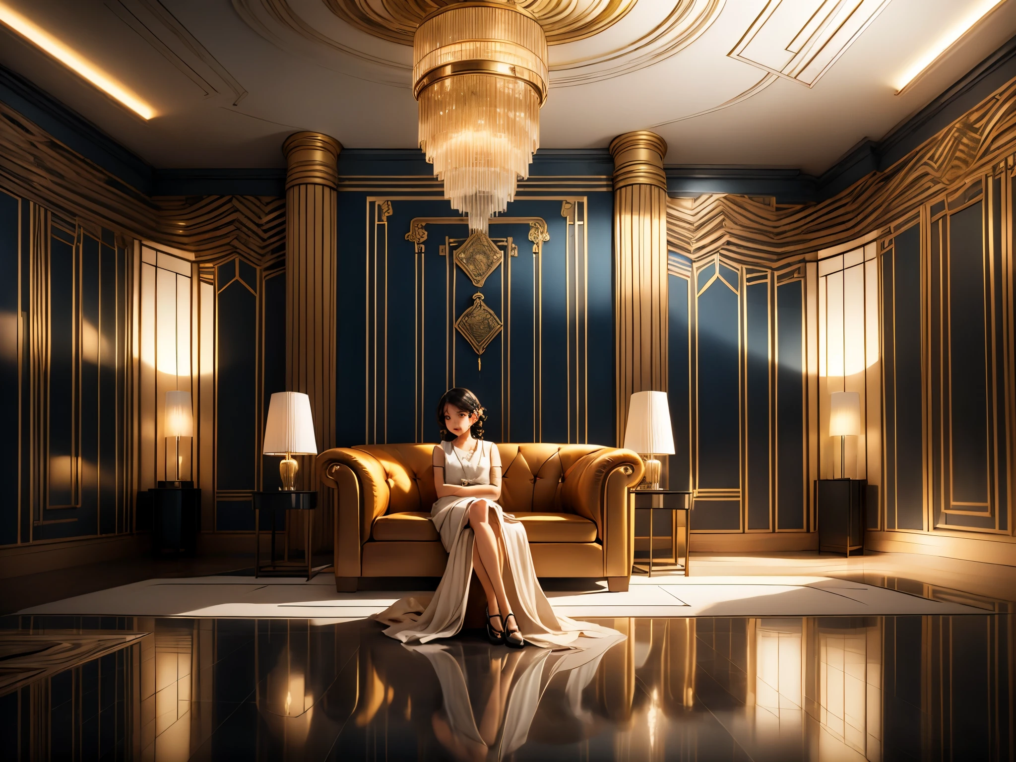 A **** girl sitting in an art deco room, (best quality, highres, ultra-detailed), (realistic),