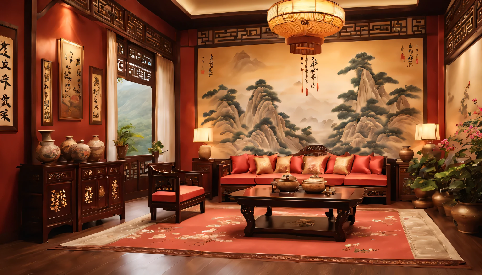 best quality,4K,8k,high resolution,masterpiece:1.2,Super detailed,actual:1.37,Chinese Tang Dynasty style living room,gorgeous furniture,elegant silk curtains,Detailed wood carving,antique pottery,bright colors,Chinese calligraphy scroll,soft light,peaceful atmosphere,Lush potted plants,Chinese tea set,Beautifully embroidered cushions,exquisite porcelain vase,Exquisite pattern,Silk tapestry,traditional Chinese painting,fine ceramics,Authentic Tang Dynasty decorations,A harmonious symphony of colors and textures,peaceful atmosphere,golden accents,Elaborate wooden screen,decorative pattern,graceful curves,Delicate incense burner,Gorgeous chandeliers,Tang dynasty landscape painting,Chinese hardwood floors,whispers of history,Meticulous attention to detail,Sophisticated and elegant,luxurious curtains,symmetrical layout,enchanting temptation.