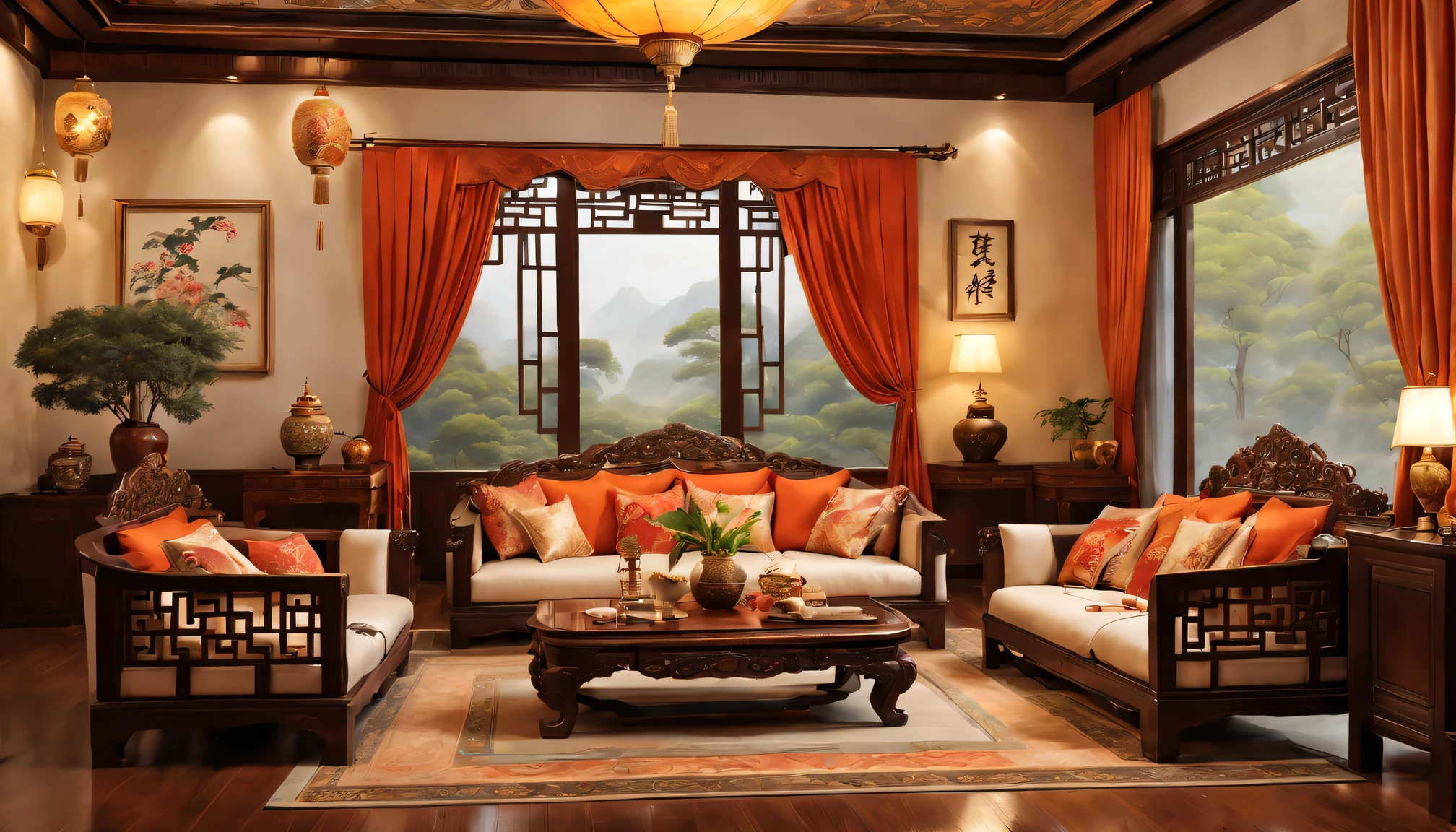 best quality,4K,8k,high resolution,masterpiece:1.2,Super detailed,actual:1.37,Chinese Tang Dynasty style living room,gorgeous furniture,elegant silk curtains,Detailed wood carving,antique pottery,bright colors,Chinese calligraphy scroll,soft light,peaceful atmosphere,Lush potted plants,Chinese tea set,Beautifully embroidered cushions,exquisite porcelain vase,Exquisite pattern,Silk tapestry,traditional Chinese painting,fine ceramics,Authentic Tang Dynasty decorations,A harmonious symphony of colors and textures,peaceful atmosphere,golden accents,Elaborate wooden screen,decorative pattern,graceful curves,Delicate incense burner,Gorgeous chandeliers,Tang dynasty landscape painting,Chinese hardwood floors,whispers of history,Meticulous attention to detail,Sophisticated and elegant,luxurious curtains,symmetrical layout,enchanting temptation.