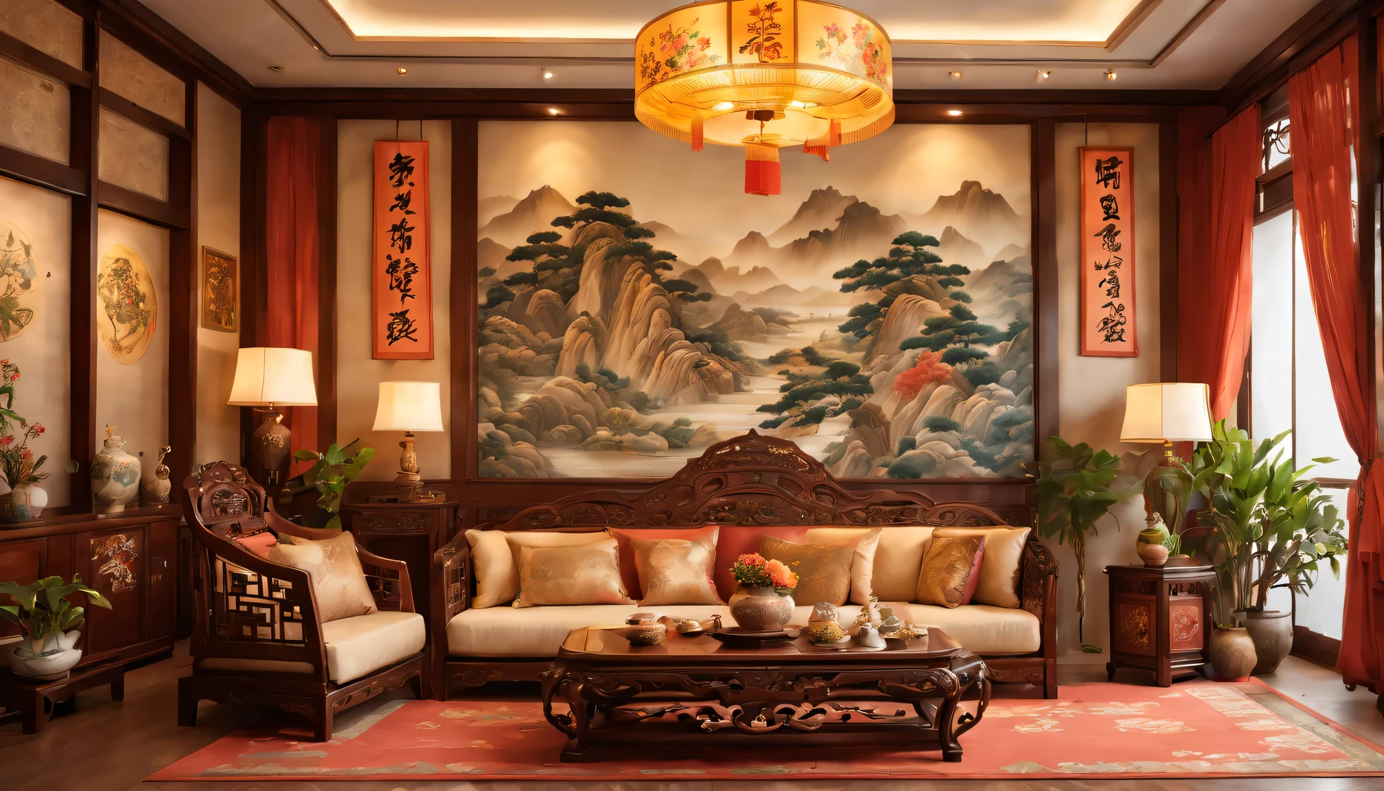 best quality,4K,8k,high resolution,masterpiece:1.2,Super detailed,actual:1.37,Chinese Tang Dynasty style living room,gorgeous furniture,elegant silk curtains,Detailed wood carving,antique pottery,bright colors,Chinese calligraphy scroll,soft light,peaceful atmosphere,Lush potted plants,Chinese tea set,Beautifully embroidered cushions,exquisite porcelain vase,Exquisite pattern,Silk tapestry,traditional Chinese painting,fine ceramics,Authentic Tang Dynasty decorations,A harmonious symphony of colors and textures,peaceful atmosphere,golden accents,Elaborate wooden screen,decorative pattern,graceful curves,Delicate incense burner,Gorgeous chandeliers,Tang dynasty landscape painting,Chinese hardwood floors,whispers of history,Meticulous attention to detail,Sophisticated and elegant,luxurious curtains,symmetrical layout,enchanting temptation.