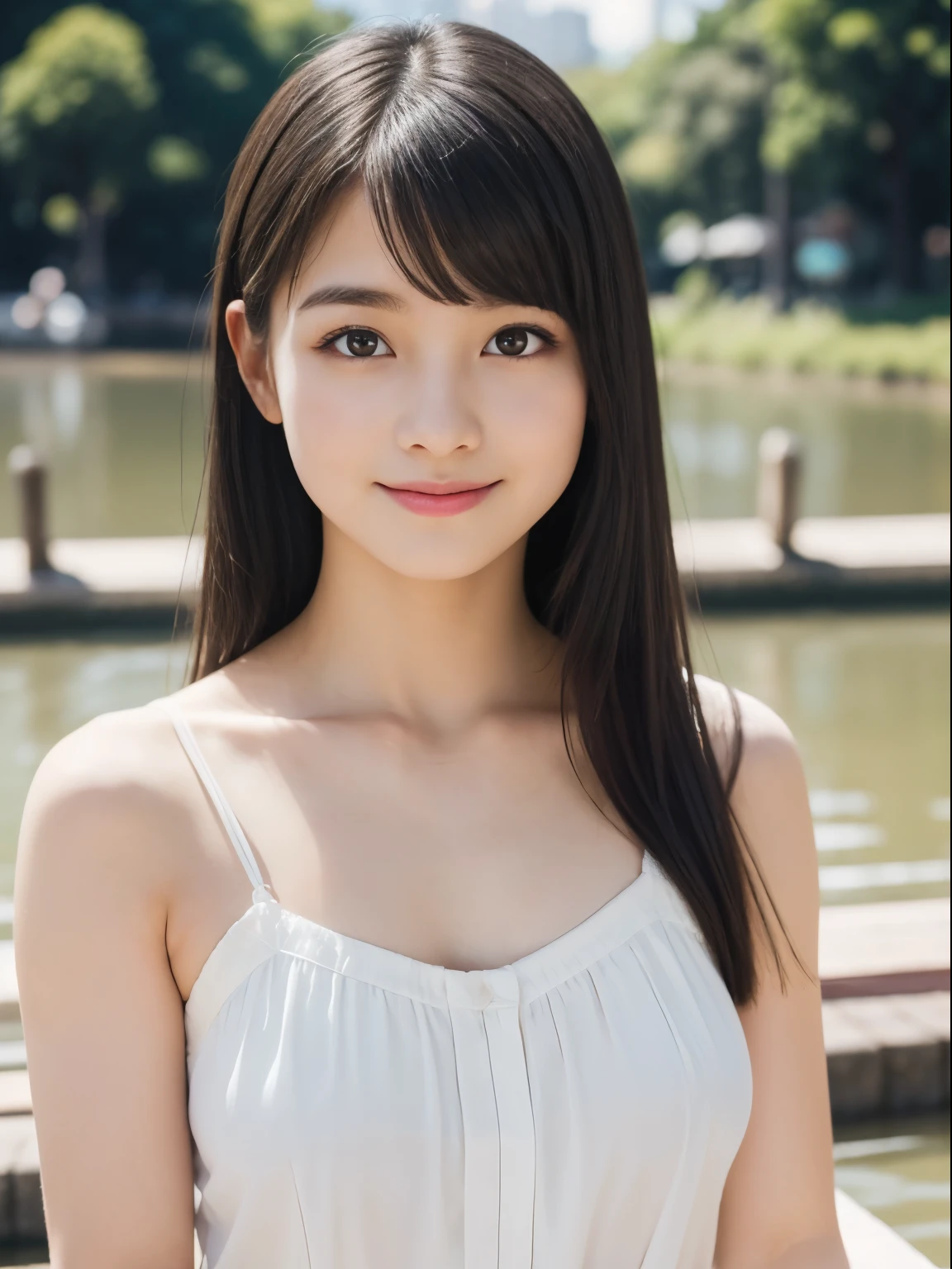 ****ung girl, very beautiful, (Super cute), (Highly detailed beautiful face), wonderful face and eyes, black haired, brown eyes, drooling eyes、No makeup、(camisole dress) , (highest quality:1.4), (super detailed), Highly detailed CG integrated 8k wallpaper, surreal, (Photoreal:1.3), Raw photo, professional photos, cinematic lighting, realistic portrait, (:1.3), ((Bokeh)), Depth of bounds written, looking here、************、(Inokashira Park、Inokashira Pond、boat)、Full body Esbian、smile a little、beautiful feet、85ｍM Prime Lens f1.2　woman