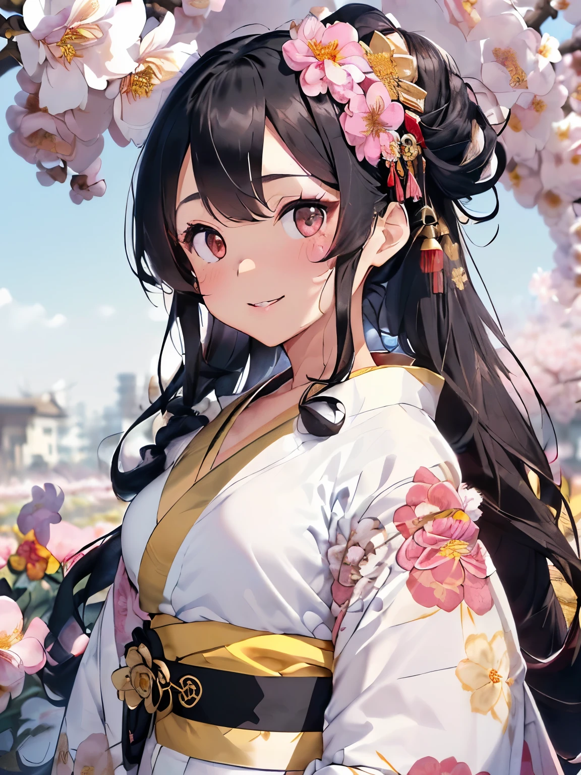(black hair:1.2),(long hair with curls:1.3),(hair tied up loosely:1.25),(All together:1.3),(black eye:1.4),(Eye size:1.5),(JapaneseAccessories:1.3),((Kimono fashion:1.4)),(Background full of blooming flowers:1.5),(blush),(upward glance:1.3),(small breasts:1.4),(focus on face:1.3),((look up:1.25)),(fashion color White、Blue、pink 、gold、red:1.3),(smile:1.2),(whole body:1.6)