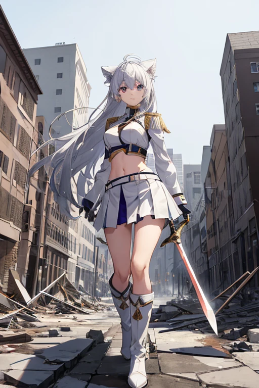 secondary elements、White combat uniform、teenager、beautiful girl、Navel exposure、short skirt、1 girl,medium breasts,Towards the audience,long silver hair,purple eyes,whole body,Military uniform,uniform,have,white skirt,Burn,Togare,Are standing,(Togare),右手に持ったsword,rubble,Collapsed buildings,Burn,Remains,(carcass:1.1),長いsword,sword,Fierce fire, wonderful,white long boots、thighs、shiny skin