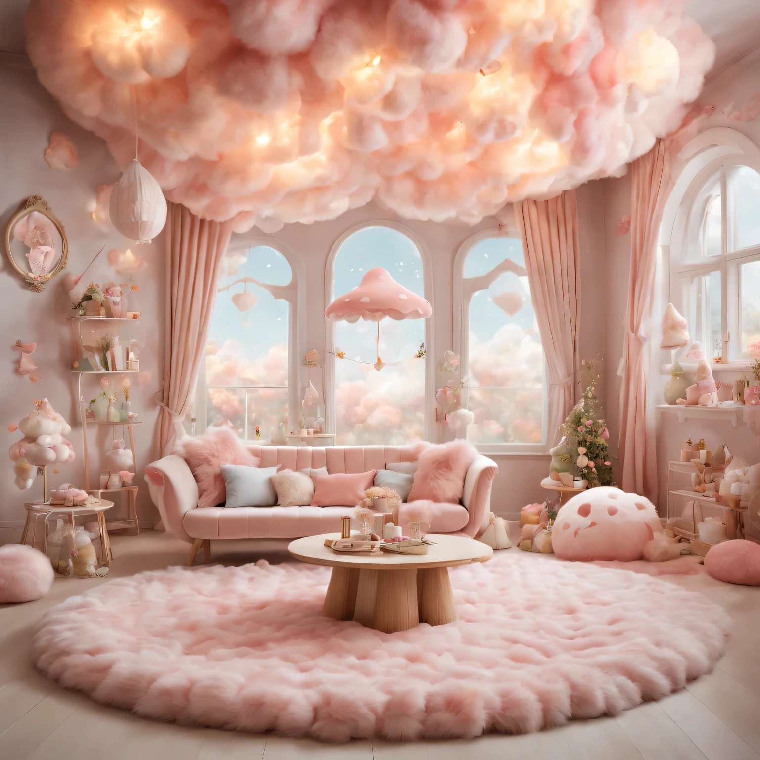 (best quality,4K,8k,high resolution,masterpiece:1.2),Super detailed,(actual,photoactual,photo-actual:1.37),Fluffy marshmallow style living room,pastel colors,High quality,cozy atmosphere,Beautifully renovated,magical lights,candy themed furniture,nostalgia,dreamy atmosphere,Plush cushions,Storybook illustration,A lively imagination,Playful elements,whimsical details,Delicate pastel tones,inspired by fairy tales,dreamlike scene,Mysterious doorway,Toadstool tables and chairs,charming mural,Sparkling chandeliers,Window seat with fluffy clouds,floating marshmallows,cloud shaped carpet,Twinkling fairy light curtains,Cozy fireplace,A harmonious blend of textures and patterns,A magical atmosphere full of wonder and warmth.