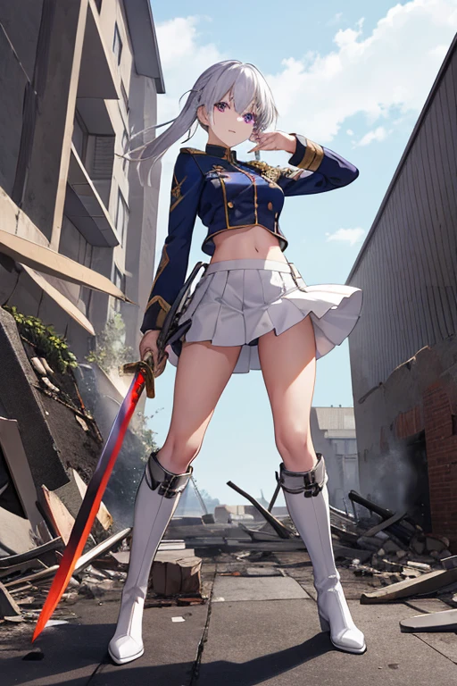 secondary elements、White combat uniform、ager、beautiful girl、Navel exposure、short skirt、1 girl,medium breasts,Towards the audience,long silver hair,purple eyes,whole body,Military uniform,uniform,have,white skirt,Burn,Togare,Are standing,(Togare),右手に持ったsword,rubble,Collapsed buildings,Burn,Remains,(carcass:1.1),長いsword,sword,Fierce fire, wonderful,white long boots、thighs、shiny skin
