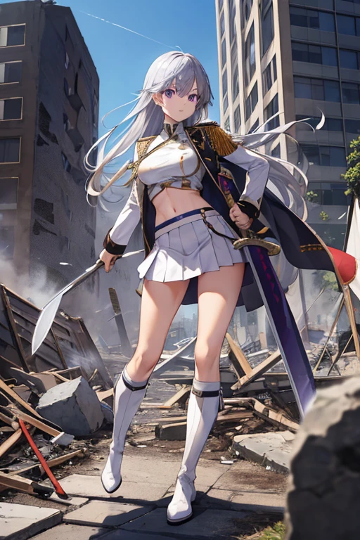 secondary elements、White combat uniform、teenager、beautiful girl、Navel exposure、short skirt、1 girl,medium breasts,Towards the audience,long silver hair,purple eyes,whole body,Military uniform,uniform,have,white skirt,Burn,Togare,Are standing,(Togare),右手に持ったsword,rubble,Collapsed buildings,Burn,Remains,(carcass:1.1),長いsword,sword,Fierce fire, wonderful,white long boots、thighs、shiny skin