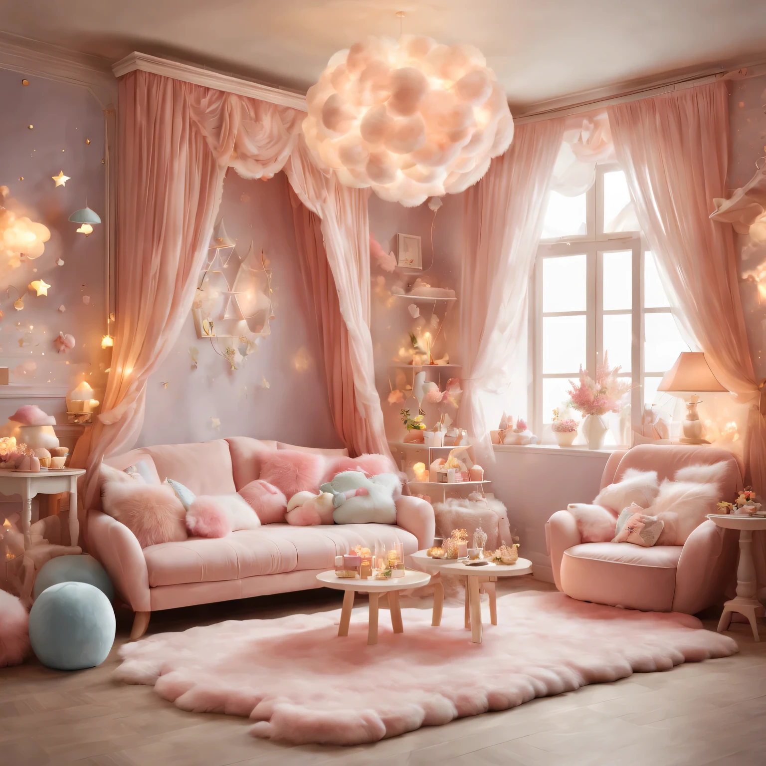 (best quality,4K,8k,high resolution,masterpiece:1.2),Super detailed,(actual,photoactual,photo-actual:1.37),Fluffy marshmallow style living room,pastel colors,High quality,cozy atmosphere,Beautifully renovated,magical lights,candy themed furniture,nostalgia,dreamy atmosphere,Plush cushions,Storybook illustration,A lively imagination,Playful elements,whimsical details,Delicate pastel tones,inspired by fairy tales,dreamlike scene,Mysterious doorway,Toadstool tables and chairs,charming mural,Sparkling chandeliers,Window seat with fluffy clouds,floating marshmallows,cloud shaped carpet,Twinkling fairy light curtains,Cozy fireplace,A harmonious blend of textures and patterns,A magical atmosphere full of wonder and warmth.