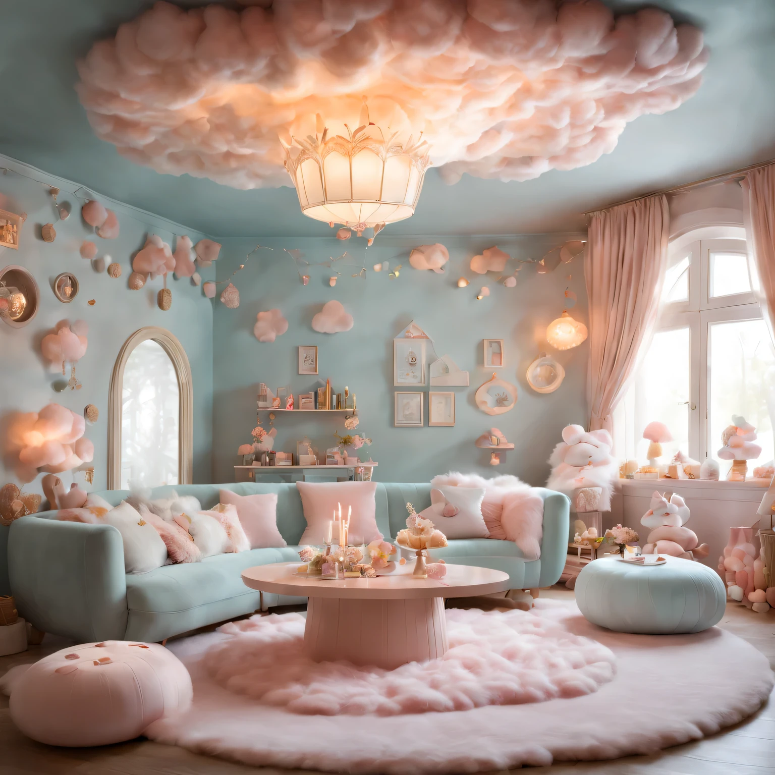 (best quality,4K,8k,high resolution,masterpiece:1.2),Super detailed,(actual,photoactual,photo-actual:1.37),Fluffy marshmallow style living room,pastel colors,High quality,cozy atmosphere,Beautifully renovated,magical lights,candy themed furniture,nostalgia,dreamy atmosphere,Plush cushions,Storybook illustration,A lively imagination,Playful elements,whimsical details,Delicate pastel tones,inspired by fairy tales,dreamlike scene,Mysterious doorway,Toadstool tables and chairs,charming mural,Sparkling chandeliers,Window seat with fluffy clouds,floating marshmallows,cloud shaped carpet,Twinkling fairy light curtains,Cozy fireplace,A harmonious blend of textures and patterns,A magical atmosphere full of wonder and warmth.