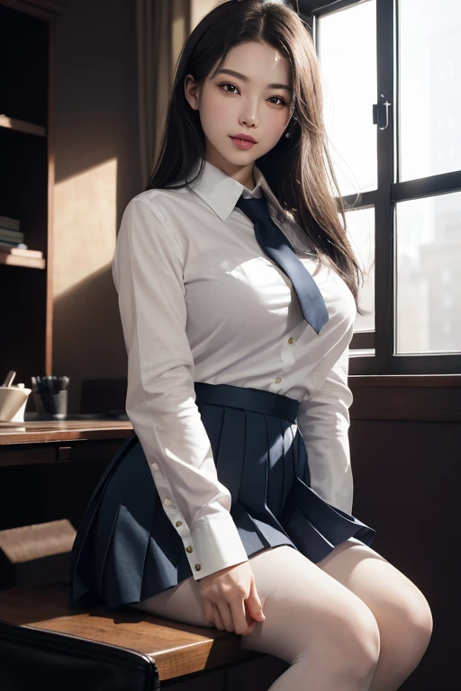 ultra realistic 8k cg, picture-perfectionな顔, perfection, clean, masterpiece, professional artwork, famous works of art, perfectionな顔, beautiful face, beautiful eye, ((perfectionな女性の体)), alone,(An immersive atmosphere, chiaroscuro:1.5,bright light:1.2,bright lighting),,(blush:0.5),fascinating look,very detailed_eye,thick thighs,big breasts,Beautiful and detailed background,Depth of bounds written,realistic:1.3, long shot,1 girl,shirt,pleated skirt, school uniform, sitting, whole body, (ambient light:1.3),(cinematic composition:1.3),(neon light:0.1),(HDR:0.1),accent lighting, black pantyhose,