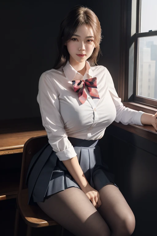 ultra realistic 8k cg, picture-perfectionな顔, perfection, clean, masterpiece, professional artwork, famous works of art, perfectionな顔, beautiful face, beautiful eye, ((perfectionな女性の体)), alone,(An immersive atmosphere, chiaroscuro:1.5,bright light:1.2,bright lighting),,(blush:0.5),fascinating look,very detailed_eye,thick thighs,big breasts,Beautiful and detailed background,Depth of bounds written,realistic:1.3, long shot,1 girl,shirt,pleated skirt, school uniform, sitting, whole body, (ambient light:1.3),(cinematic composition:1.3),(neon light:0.1),(HDR:0.1),accent lighting, black pantyhose,
