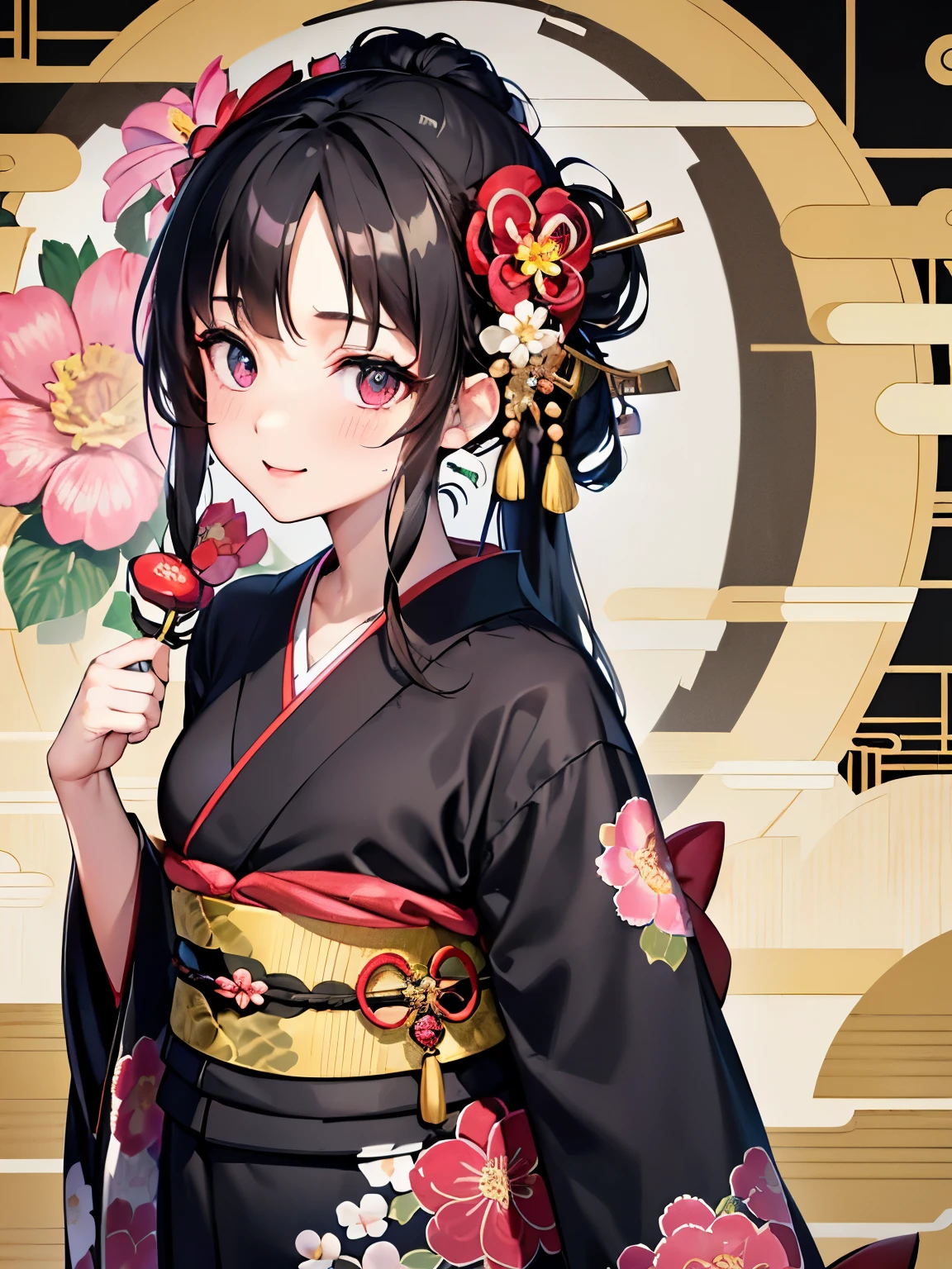 (black hair:1.2),(long hair with curls:1.3),(hair tied up loosely:1.25),(All together:1.3),(black eye:1.4),(Eye size:1.5),(JapaneseAccessories:1.3),((Kimono fashion:1.4)),(Background full of blooming flowers:1.5),(blush),(upward glance:1.3),(small breasts:1.4),(focus on face:1.3),((look up:1.25)),(fashion color White、Blue、pink 、gold、red:1.3),(smile:1.2),(whole body:1.6)