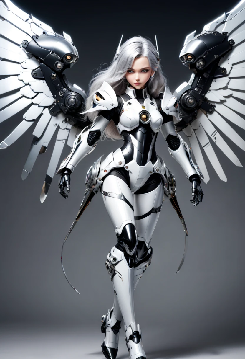 Art Deco, fate \(series\), full-body pose, female, mecha suit, silver long hair, mechanical wings, jet engines, glowing hoop weapon, white and black armor, knee-high boots, fingerless gloves, detailed illustration, high-resolution, (best quality, masterpiece, Representative work, official art, Professional, 8k)