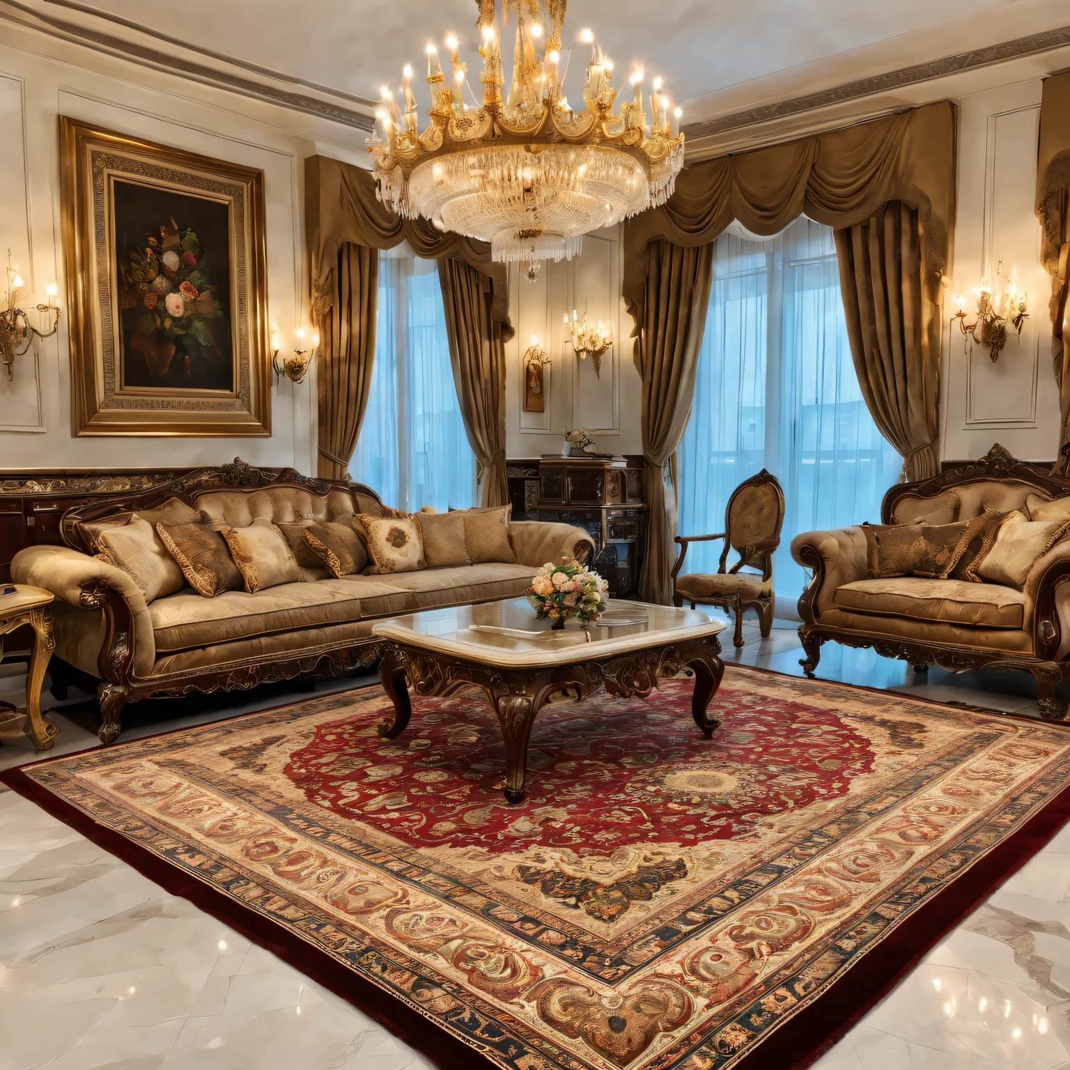 (best quality,Super detailed,actual:1.37),Persian wool rug in luxury living room,Softly glowing chandelier,Fine craftsmanship,Gorgeous patterns and intricate designs,Rich and vibrant colors,Impeccable quality materials,Impressive size and thickness,A hand-knitted masterpiece,Exquisite details,Deep pile and plush texture,High thread count,Silk decoration,Golden tassels,Endless elegance and opulence,Impressive room centerpiece,Meticulously maintained and clean,Classic and timeless decorative items,Add warmth and comfort to a space,Matching high-end furniture,Subtle aroma of fine wool,Sparkles under natural and artificial light,symbol of wealth and 
