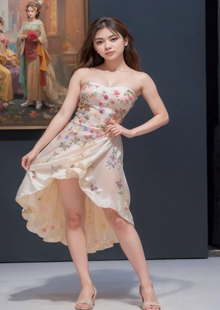 araffe woman in a dress posing in front of a painting, lady with glowing flowers dress, wearing a magnificent dress, young woman in a dress, wearing a long flowery dress, wearing an elegant dress, beautiful silky dress, wearing an evening gown, floral art novuea dress, silk dress, with a thin waist, flowery dress, dressed beautiful gown