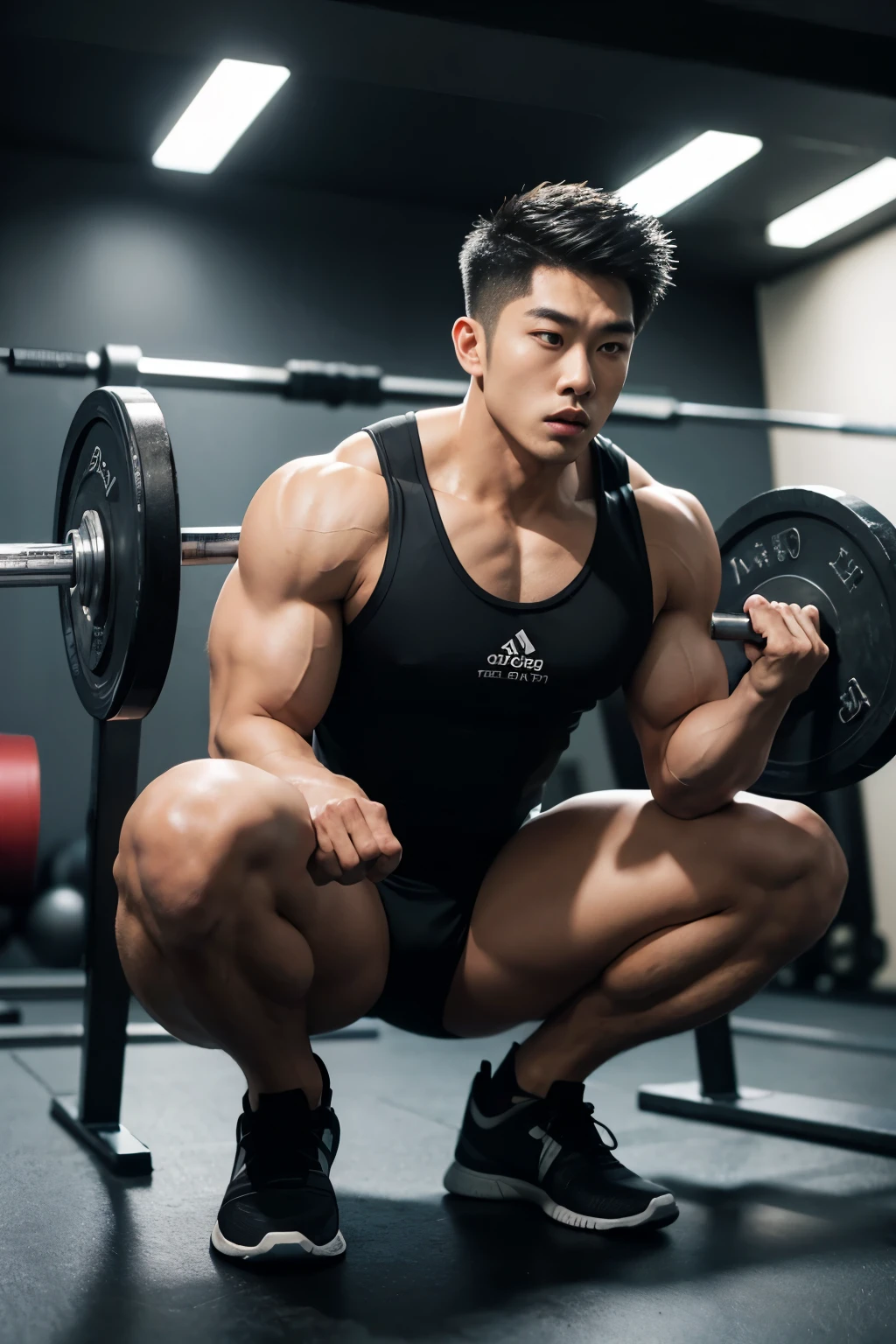 Asian Men's Gym , musculous, Height 190 cm, large shoulders, Large muscular feet, (Draw eye details), (hentail realism)，In a deadlift barbell