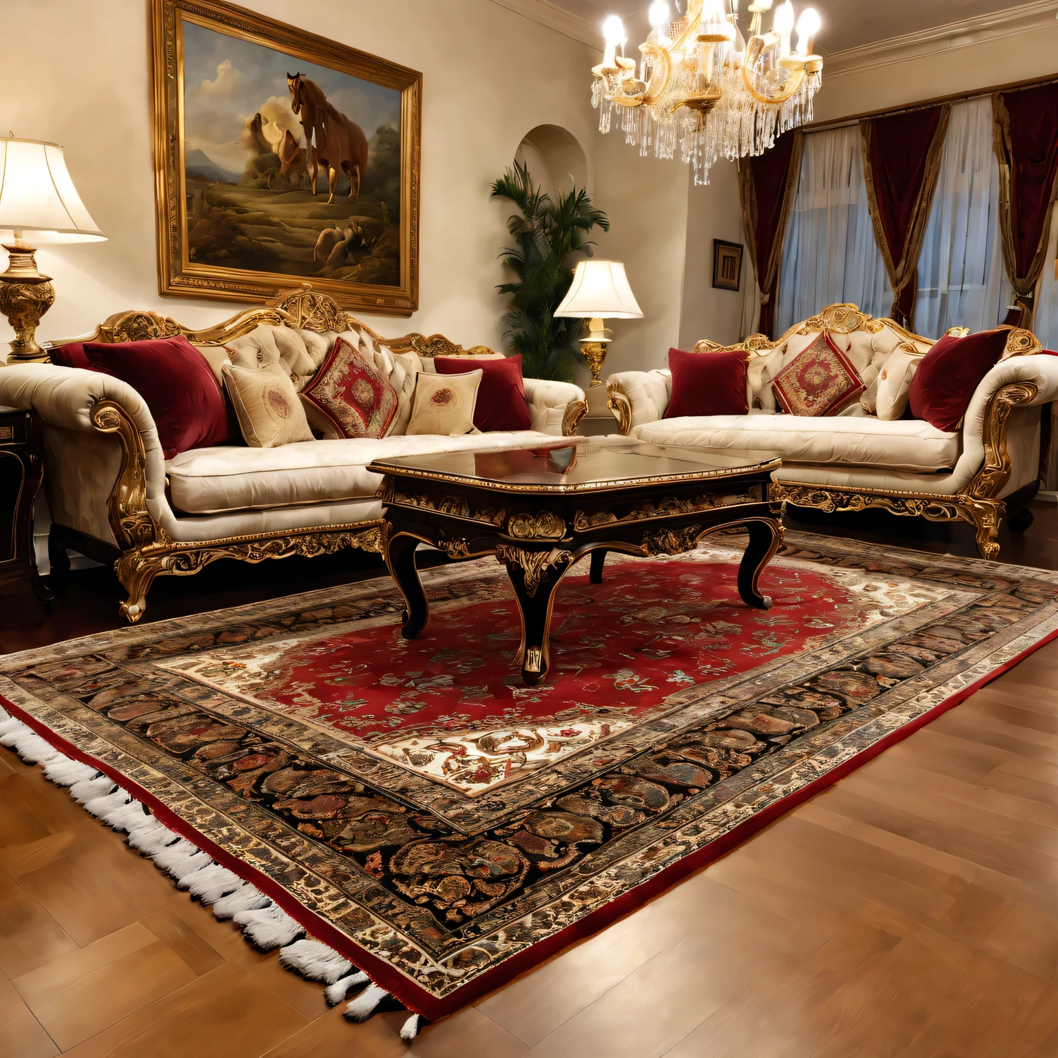 (best quality,Super detailed,actual:1.37),Persian wool rug in luxury living room,Softly glowing chandelier,Fine craftsmanship,Gorgeous patterns and intricate designs,Rich and vibrant colors,Impeccable quality materials,Impressive size and thickness,A hand-knitted masterpiece,Exquisite details,Deep pile and plush texture,High thread count,Silk decoration,Golden tassels,Endless elegance and opulence,Impressive room centerpiece,Meticulously maintained and clean,Classic and timeless decorative items,Add warmth and comfort to a space,Matching high-end furniture,Subtle aroma of fine wool,Sparkles under natural and artificial light,symbol of wealth and prestige