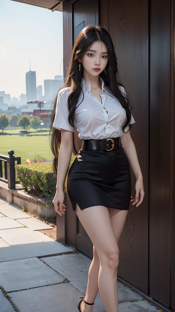 highest resolution, 8K, high definition, (นักศึกษาthailand, woman, half-caste, thailand, Japan, Korea, Height 173 centimeters), ((stand)), (Beautiful face, แต่งBeautiful face, Double eyelids, red lips), ((black hair, (long hairถึงพื้น), long hairมาก, long hairตรง, long hair, flowing smoothly)), (womanที่สวยงาม, The texture is realistic.), (tight, white short sleeve shirt, collar shirt, Thin shirt, gold shirt buttons), (Huge breasts, Breast augmentation, เต้าBig tits, Big tits), (short black pencil skirt, Very short, Side incision, กระโปรงพร้อมbeltwoman, tight), (Symmetrical shape, sexy figure, small waist, Long legs, Beautiful thighs), (Pitch black high heels), (decorations, earring, clock, pin, belt), full body photo, Look at every part of the body., (university backdrop, Building Building, university building, lawn, outdoor sports field, garden)