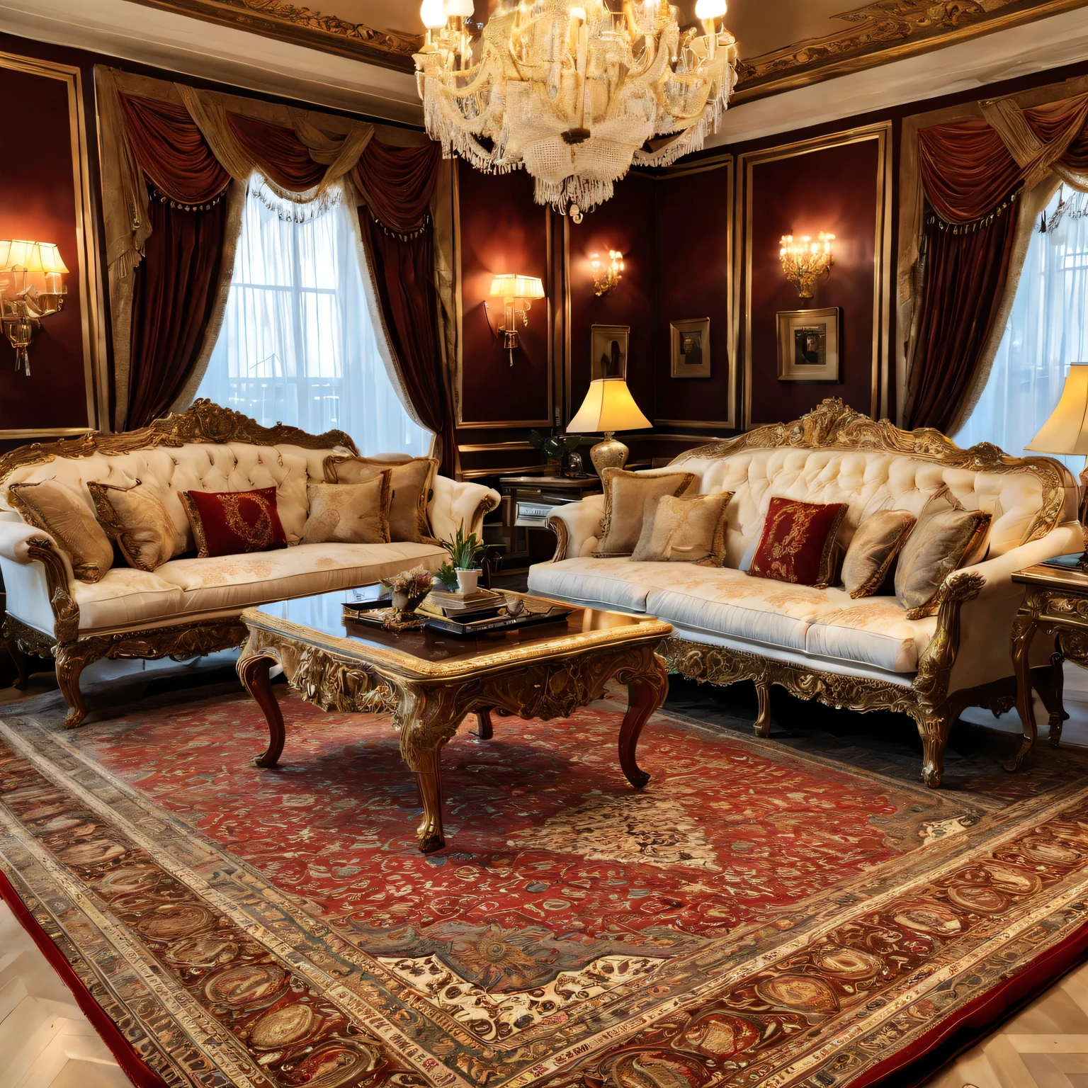 (best quality,Super detailed,actual:1.37),Persian wool rug in luxury living room,Softly glowing chandelier,Fine craftsmanship,Gorgeous patterns and intricate designs,Rich and vibrant colors,Impeccable quality materials,Impressive size and thickness,A hand-knitted masterpiece,Exquisite details,Deep pile and plush texture,High thread count,Silk decoration,Golden tassels,Endless elegance and opulence,Impressive room centerpiece,Meticulously maintained and clean,Classic and timeless decorative items,Add warmth and comfort to a space,Matching high-end furniture,Subtle aroma of fine wool,Sparkles under natural and artificial light,symbol of wealth and prestige