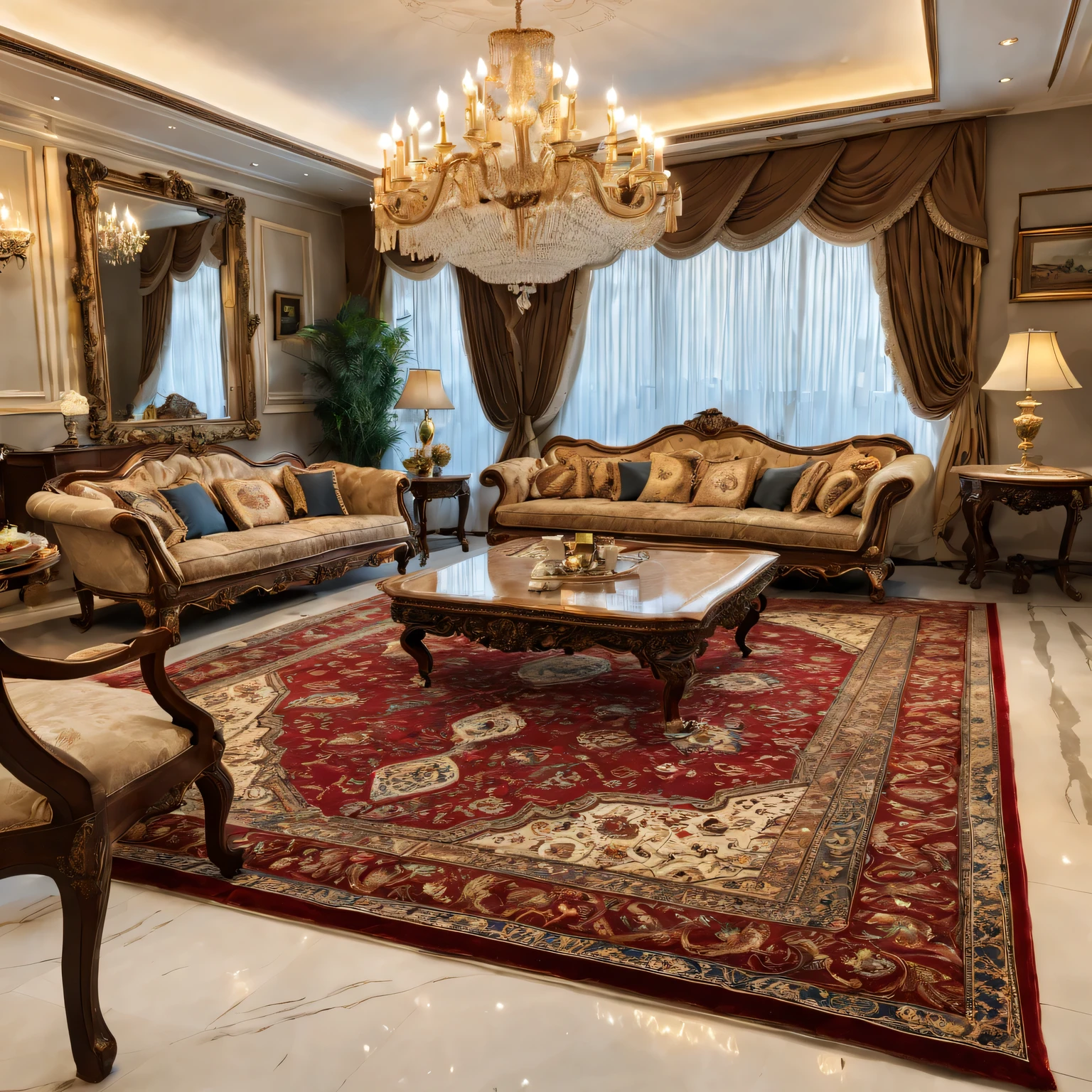 (best quality,Super detailed,actual:1.37),Persian wool rug in luxury living room,Softly glowing chandelier,Fine craftsmanship,Gorgeous patterns and intricate designs,Rich and vibrant colors,Impeccable quality materials,Impressive size and thickness,A hand-knitted masterpiece,Exquisite details,Deep pile and plush texture,High thread count,Silk decoration,Golden tassels,Endless elegance and opulence,Impressive room centerpiece,Meticulously maintained and clean,Classic and timeless decorative items,Add warmth and comfort to a space,Matching high-end furniture,Subtle aroma of fine wool,Sparkles under natural and artificial light,symbol of wealth and prestige