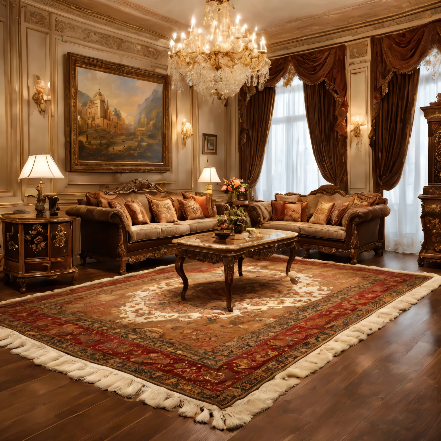 (best quality,Super detailed,actual:1.37),Persian wool rug in luxury living room,Softly glowing chandelier,Fine craftsmanship,Gorgeous patterns and intricate designs,Rich and vibrant colors,Impeccable quality materials,Impressive size and thickness,A hand-knitted masterpiece,Exquisite details,Deep pile and plush texture,High thread count,Silk decoration,Golden tassels,Endless elegance and opulence,Impressive room centerpiece,Meticulously maintained and clean,Classic and timeless decorative items,Add warmth and comfort to a space,Matching high-end furniture,Subtle aroma of fine wool,Sparkles under natural and artificial light,symbol of wealth and 