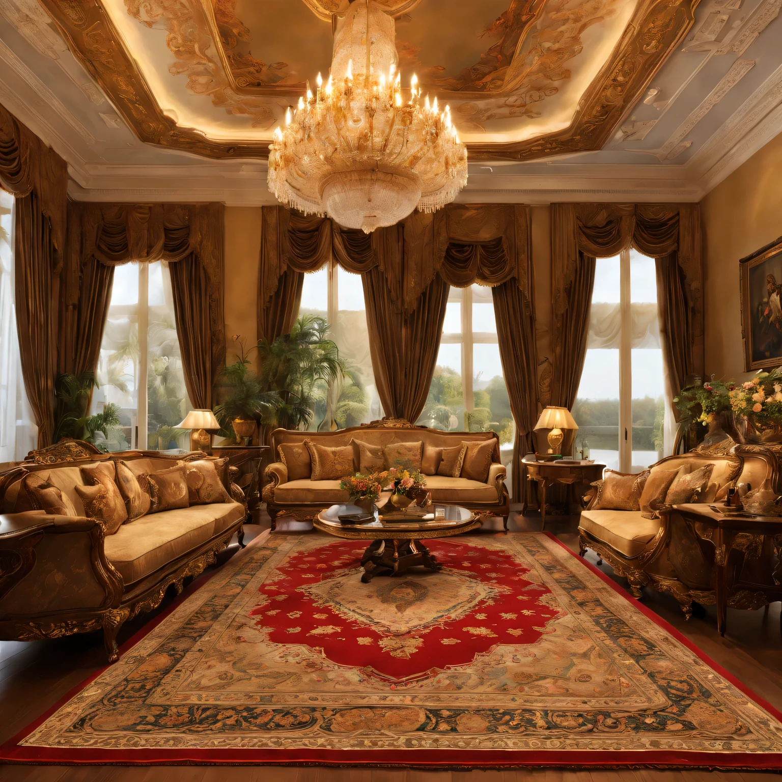 (best quality,Super detailed,actual:1.37),Persian wool rug in luxury living room,Softly glowing chandelier,Fine craftsmanship,Gorgeous patterns and intricate designs,Rich and vibrant colors,Impeccable quality materials,Impressive size and thickness,A hand-knitted masterpiece,Exquisite details,Deep pile and plush texture,High thread count,Silk decoration,Golden tassels,Endless elegance and opulence,Impressive room centerpiece,Meticulously maintained and clean,Classic and timeless decorative items,Add warmth and comfort to a space,Matching high-end furniture,Subtle aroma of fine wool,Sparkles under natural and artificial light,symbol of wealth and prestige