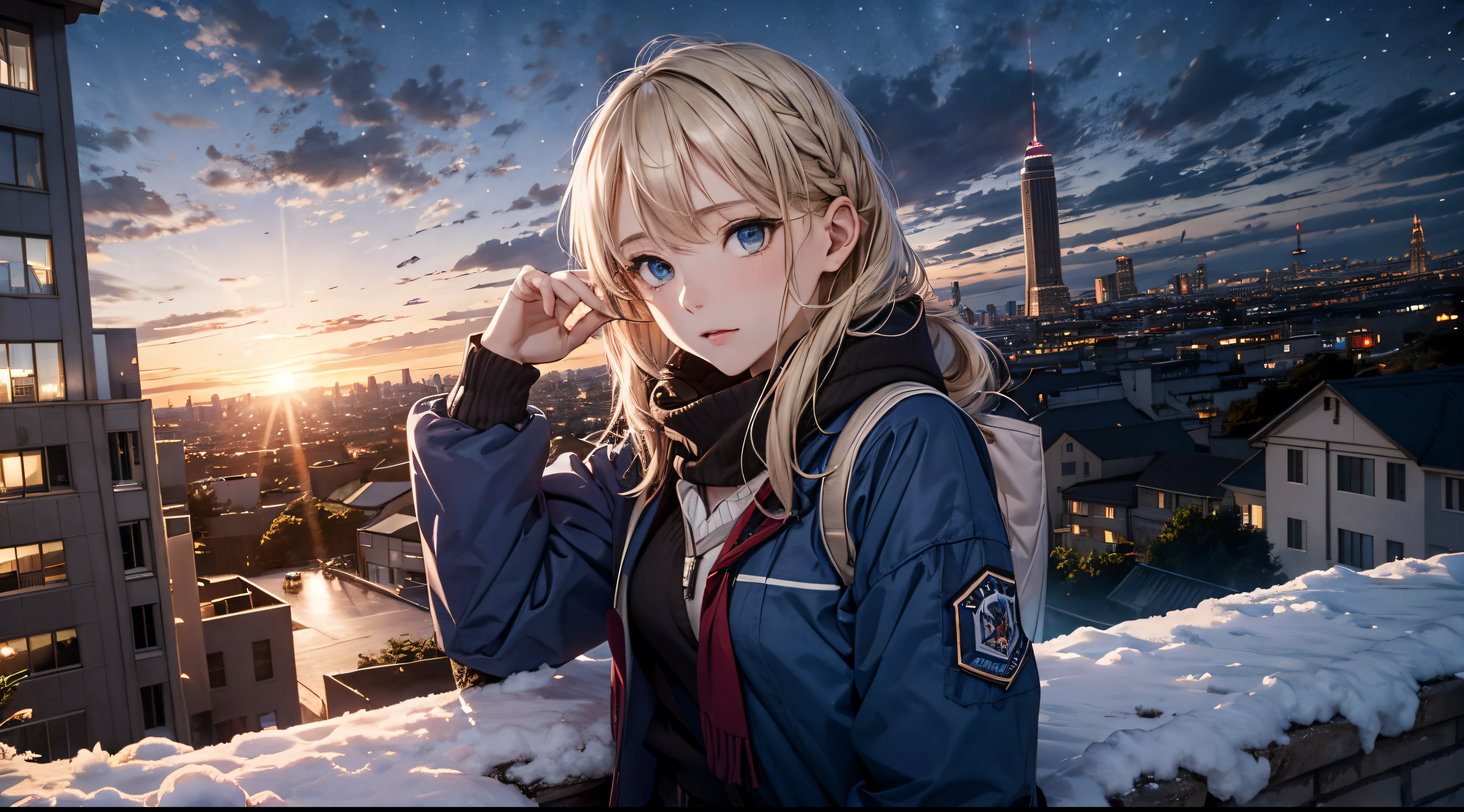 masutepiece,8K,octans, Skysky, stele(Skysky), landscapes, starrysky, natta, 1girl in, nigh sky, report, plein air, built, clouds, milkyway, sitting on, 城市, silhuette, Cityscape,(Short, Low twin-tailed blonde hair:1.2),(Deep Blue Eyes:1.3),(winter school uniform:1.1)