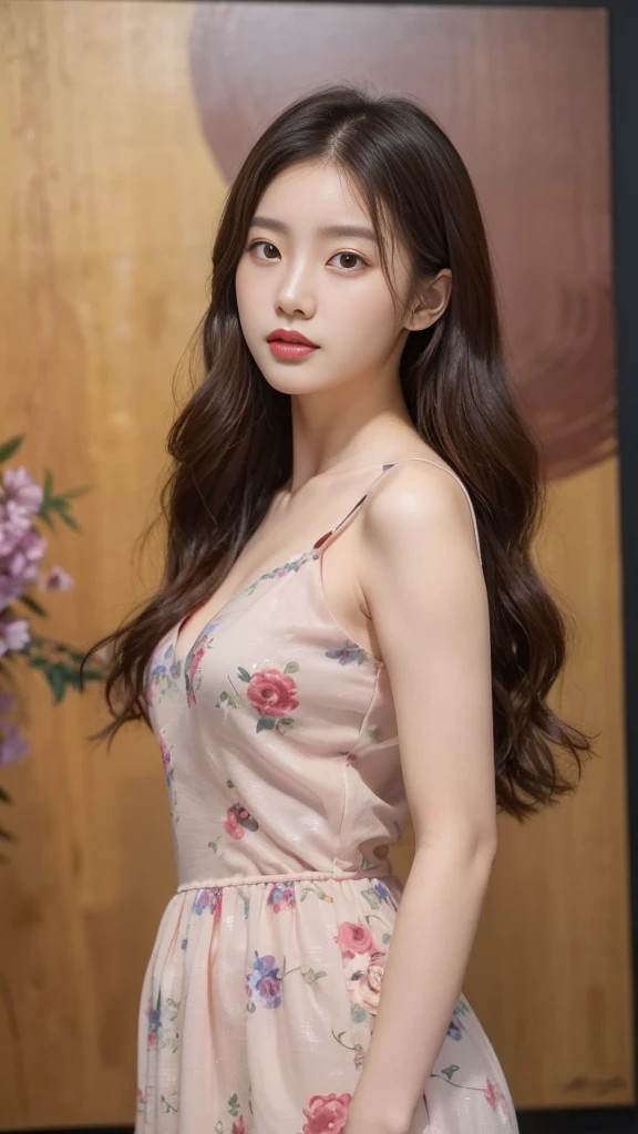 a woman in a short dress posing in front of a painting, gorgeous young korean woman, wearing an elegant dress, beautiful young korean woman, sexy dress, beautiful south korean woman, yanjun chengt, jaeyeon nam, korean women's fashion model, elegant dress, hwang se - on, pink dress, korean artist, wearing a pink dress, cute korean actress