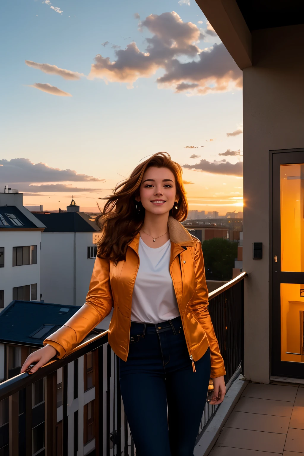 An urban scene at dusk, drawn in a hyper-realistic style. A young 19-year-old girl of German origin, with radiant pale skin and striking facial features, is leaning on the railing of a rooftop, gazing at the horizon with a contented smile. The figure wears a red jacket and worn-in jeans, bringing an air of casual sophistication. Several residential buildings surround the scene, their windows aglow with warm light and sloping rooftops casting long, delicate shadows. The sky above is a breathtaking explosion of colors, with a gradient of orange, yellow, and black hues gradually taking over the sky. Distant city lights twinkle, offering a sense