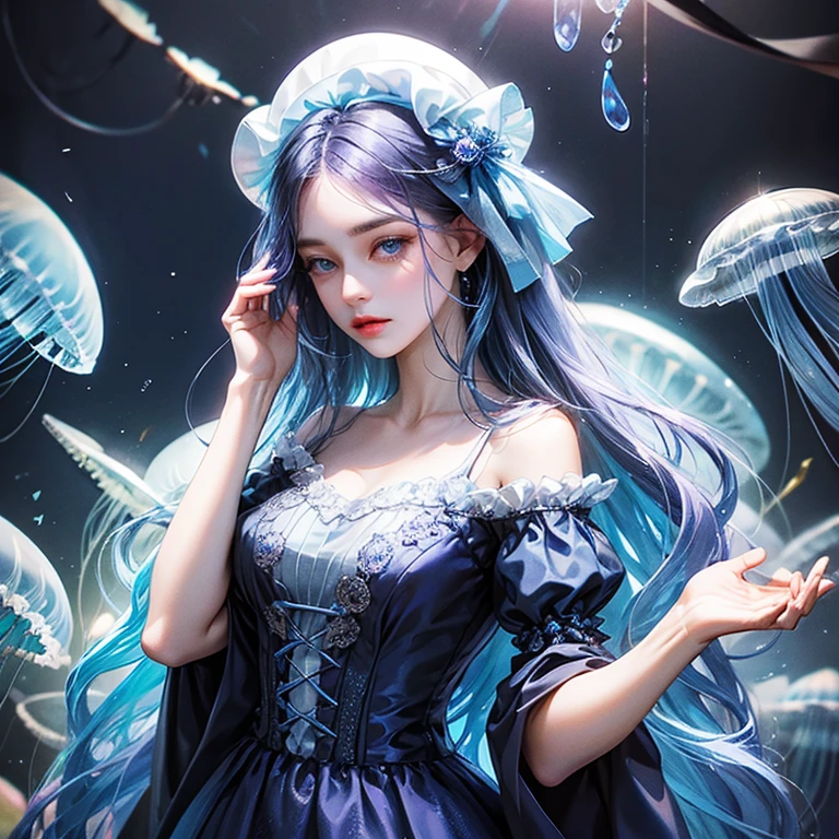 Jellyfish Blue Purple Black White hair Female Blue eyes Upper body Lots of jellyfish Jellyfish motif dress