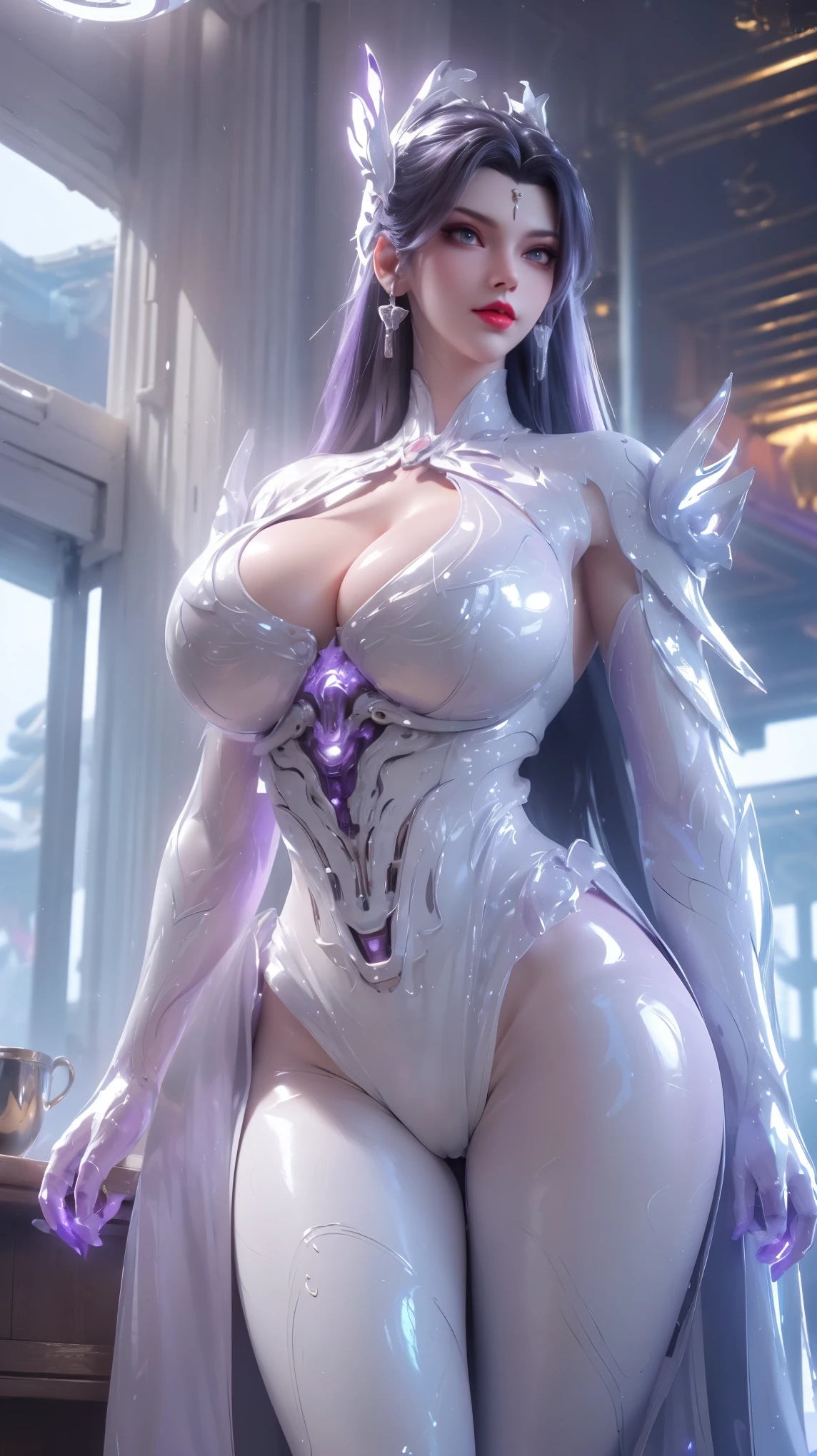 UPPER BODY,CLOSE UP HALF BODY,SOLO,(BEAUTY WHITE COLOR HAIRSTYLE,MECHA PHOENIX HELMET), (HUGE FAKE BREASTS,BUSTY,CLEAVAGE,MUSCLE ABS,NSFW CONTENT:1.5), ((WEARING OUTFIT PURPLE, WHITE SHINY MODERN FUTURISTIC MECHA SKIMPY BIKINI:1.5)),(CURVY VOLUPTUOUS BODY MATURE WOMAN:1.5), (SWEATY GLOSSY BODYSKIN:1.5), (LOOKING AT VIEWER:1.6),(HALLROOM OF FUTURISTIC SPACE STATION:1), (PHOTOREALSITIC:1.4), (ULTRA-DETAILLIERT), (TOP-QUALITY), (BEST SHADOWS), (MASTERPIECE), BRIGHT LIGHT IN ROOM, HYPER TEXTURE, (4X MSAA), ((UNREAL ENGINE 5 RENDER)), PHYSICALLY-BASED RENDERING, ULTRA HIGHT DEFINITION, 16K, 1080P.