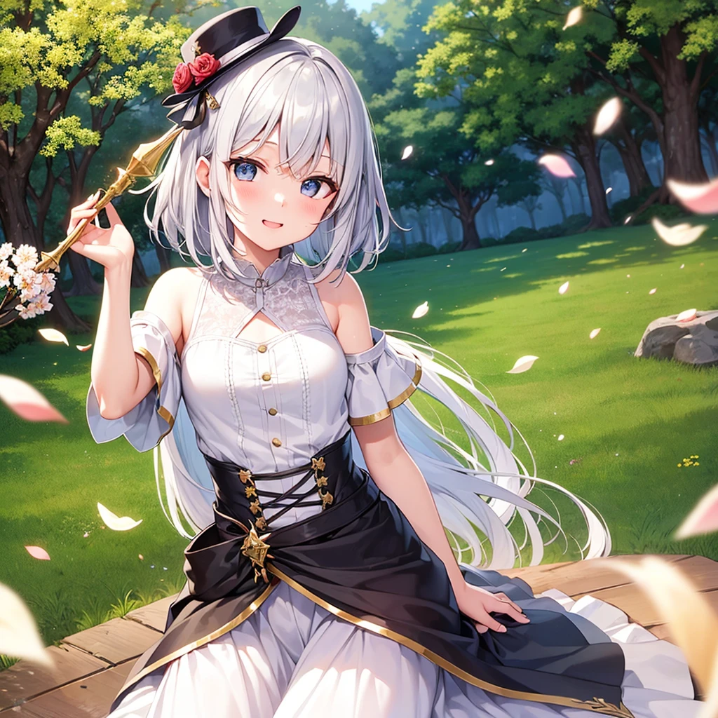 super high quality, with a girl, 20-year-old, very short hair, long bangs between the eyes, gray eyes , blue sky, sunlight, very detailed,(masterpiece、highest quality)、alone、gray hair、laughter、fantasy, silver hair, black eye, beautiful eyes,, ecstasy, charm, be smitten with audience, fantasyな風景、Princess、white clothes、wizard's hat、cherry blossoms