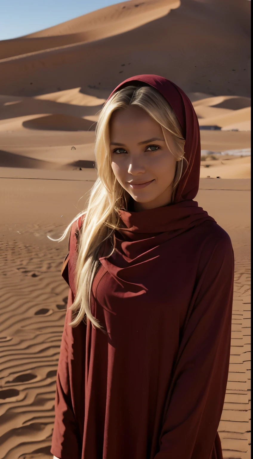 Foto hiperrealista en primer plano de 20 years old Maria Bello, Create dystopian masterpieces. in a full cover bedouin bedouin costume (dark red long tunic) on the desert, beautiful woman, skinny, small breasts, straight blond hair, detailed face, smile, photo taken from a distance, age 20 tears old
